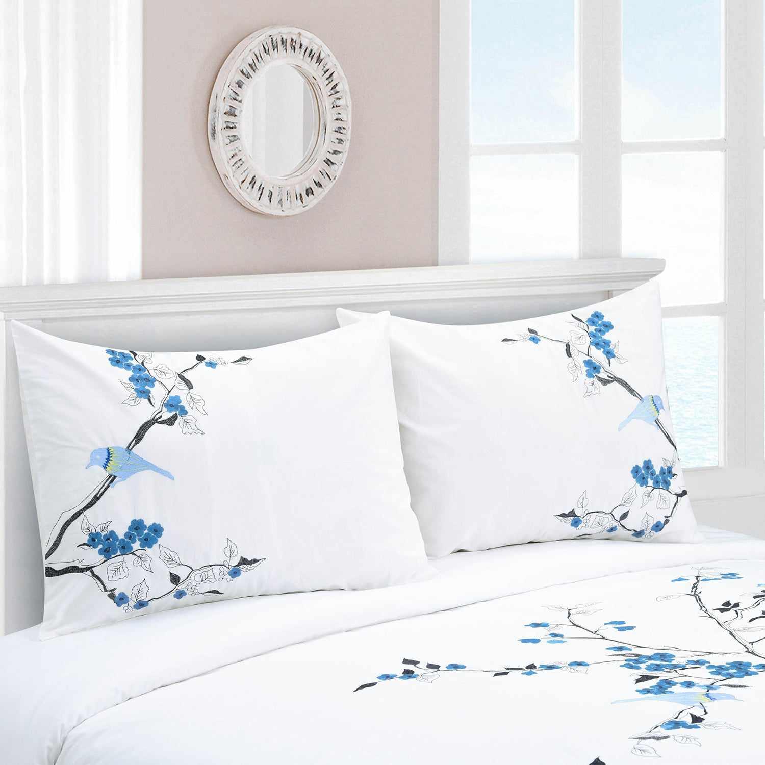 Superior Cherry Garden Embroidered Cotton Duvet Cover Set - Blue