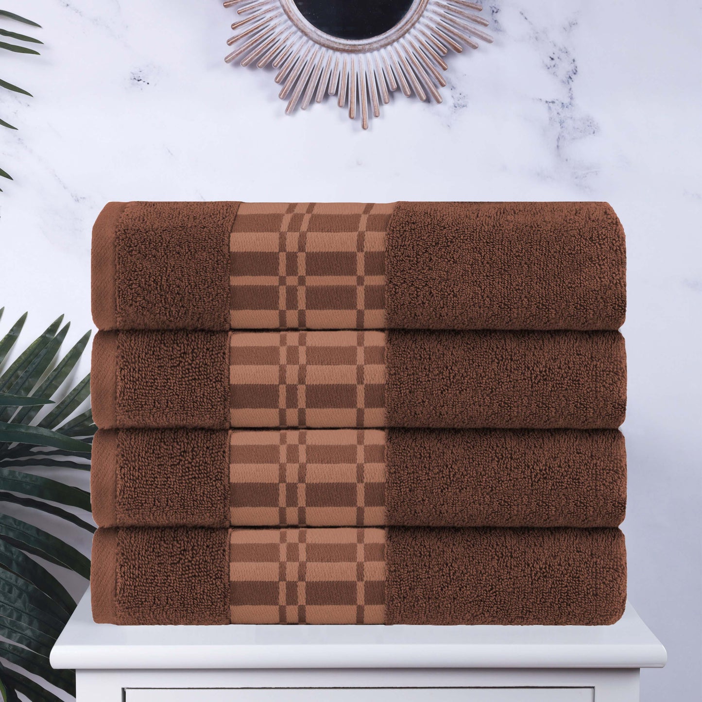Larissa Cotton Geometric Border Bath Towel Set of 4 - Chocolate