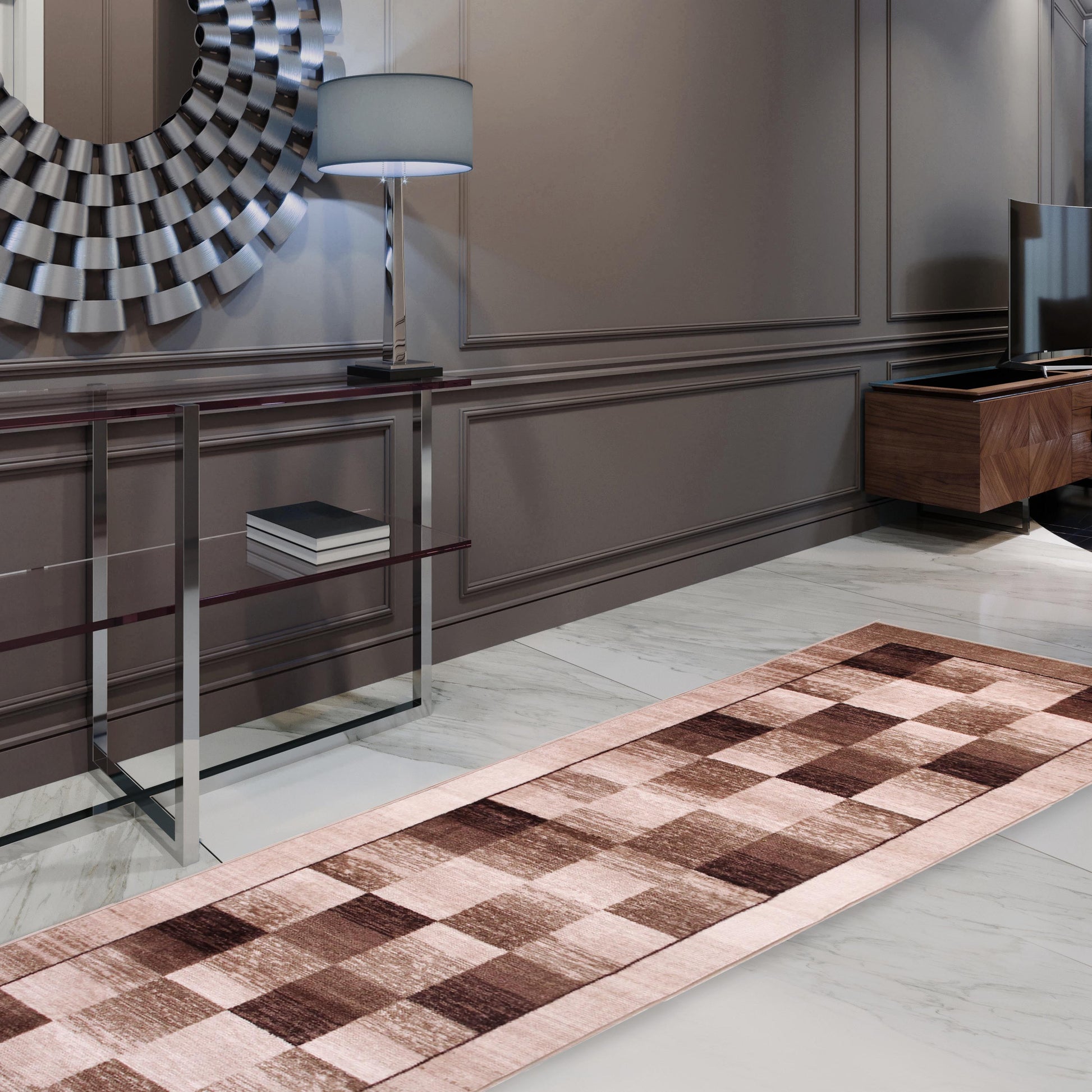 Lockwood Color Block Non-Slip Washable Indoor Area Rug or Runner - Chocolate