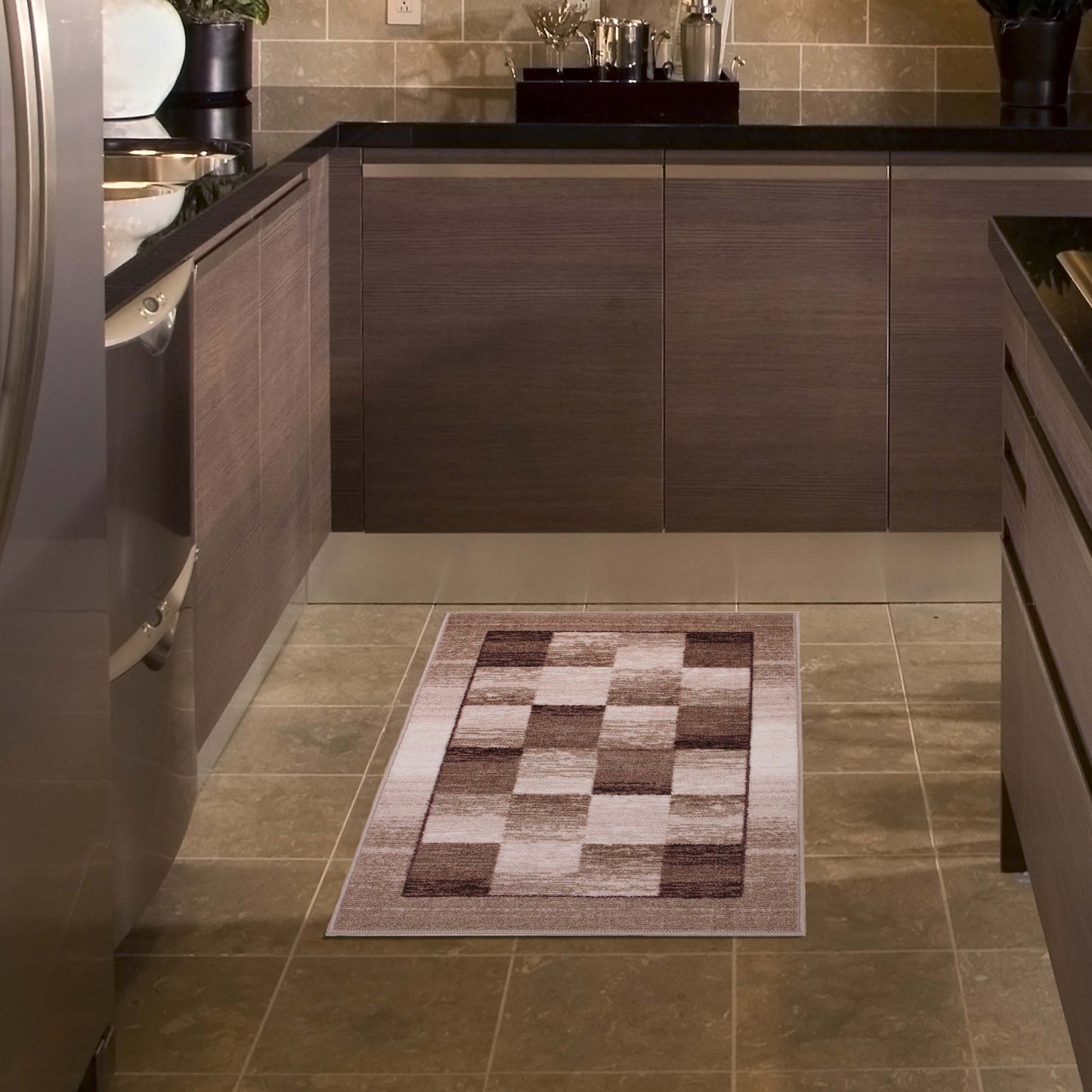 Lockwood Color Block Non-Slip Washable Indoor Area Rug or Runner - Chocolate