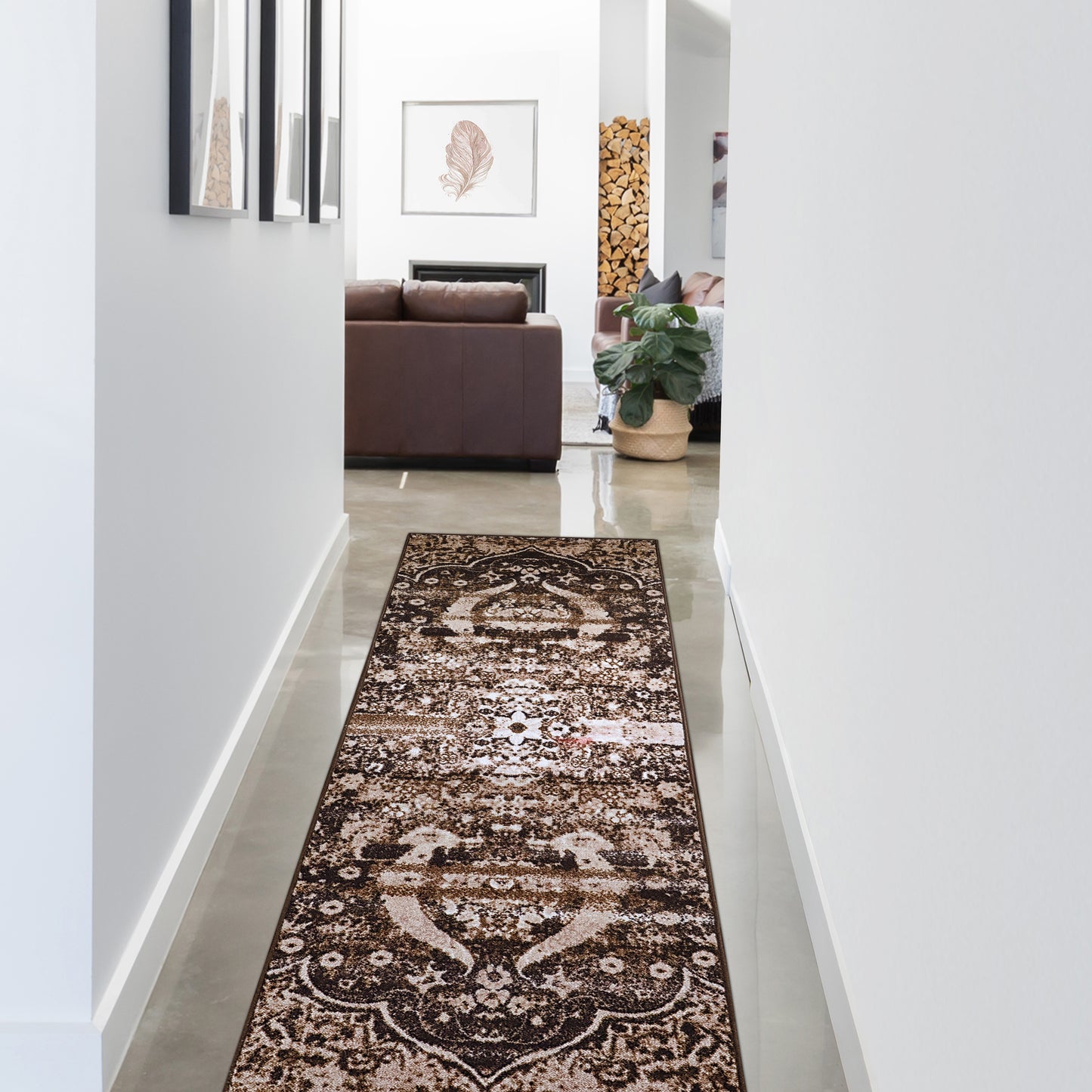 Oswell Medallion Non-Slip Washable Indoor Area Rug or Runner - Chocolate
