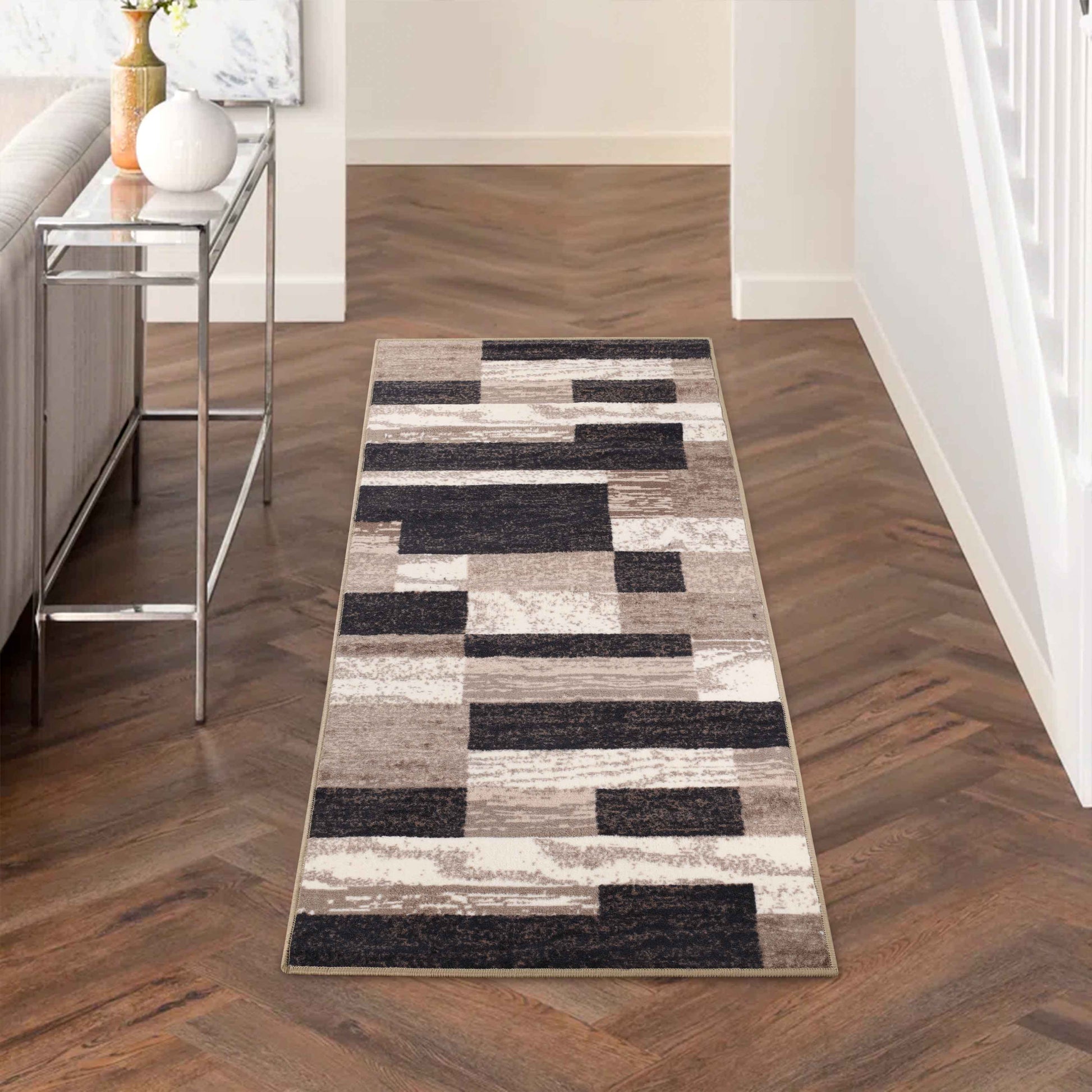 Superior Rockwood Contemporary Patchwork Non-Slip Indoor Washable Area Rug - Chocolate