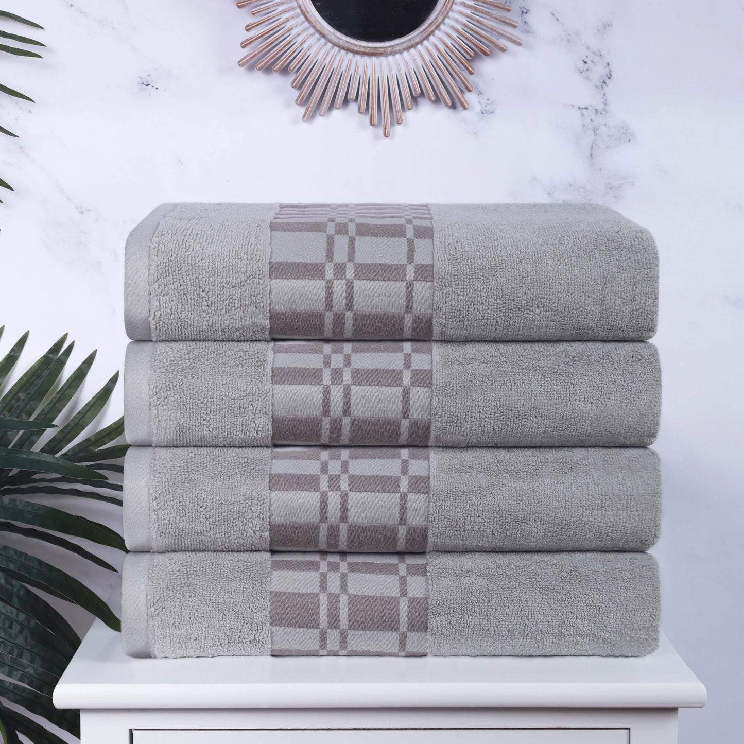 Larissa Cotton Geometric Border Bath Towel Set of 4 - Chrome