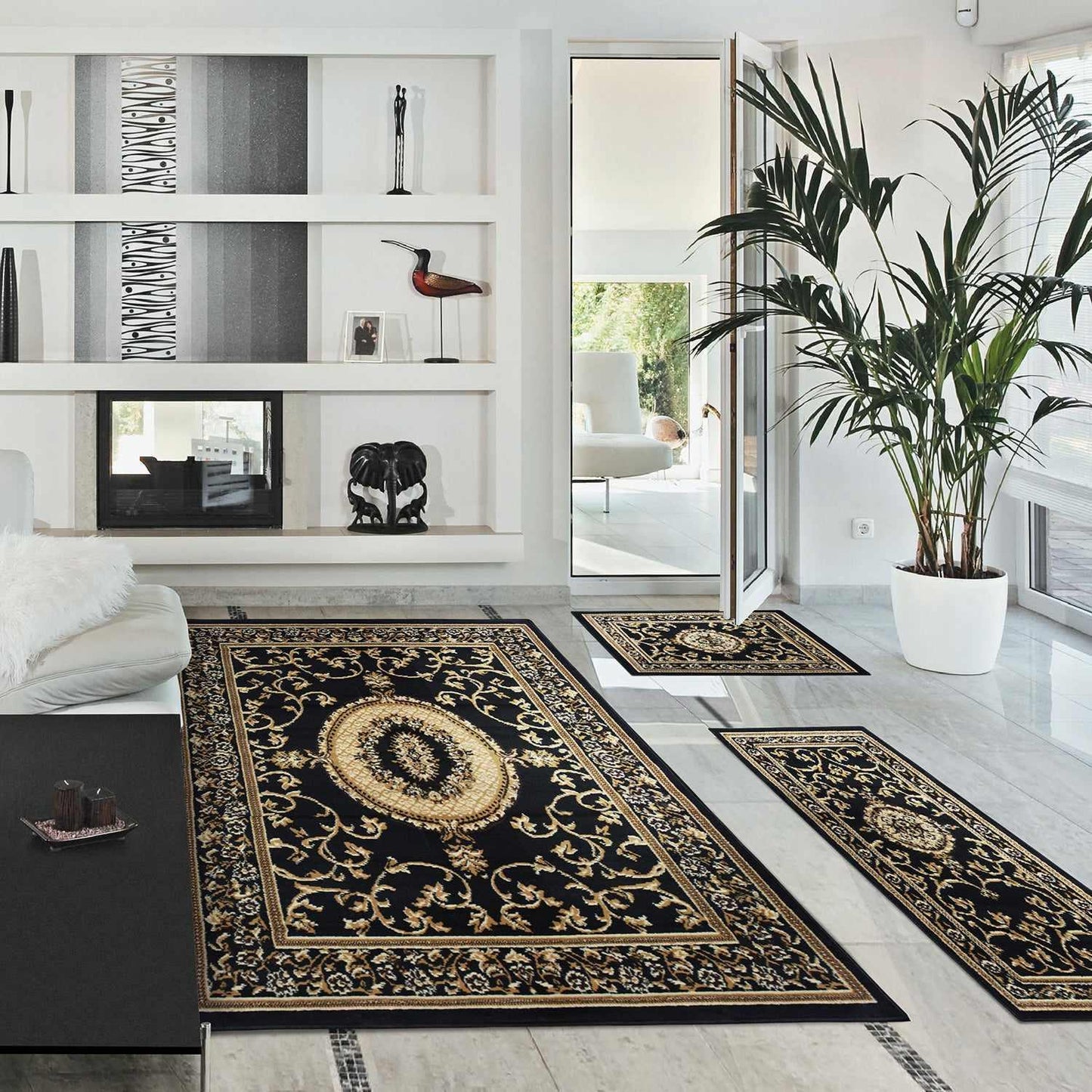 Superior Clementina Traditional Medallion 3-Piece Area Rug Set - Black