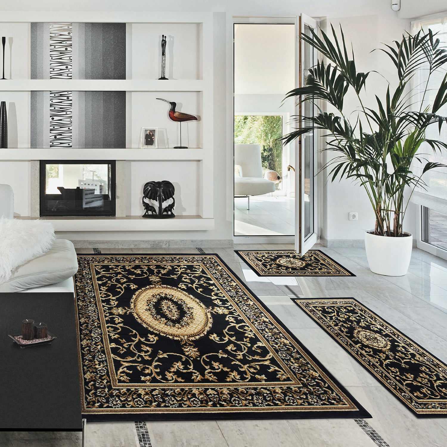 Superior Clementina Traditional Medallion 3-Piece Area Rug Set - Black