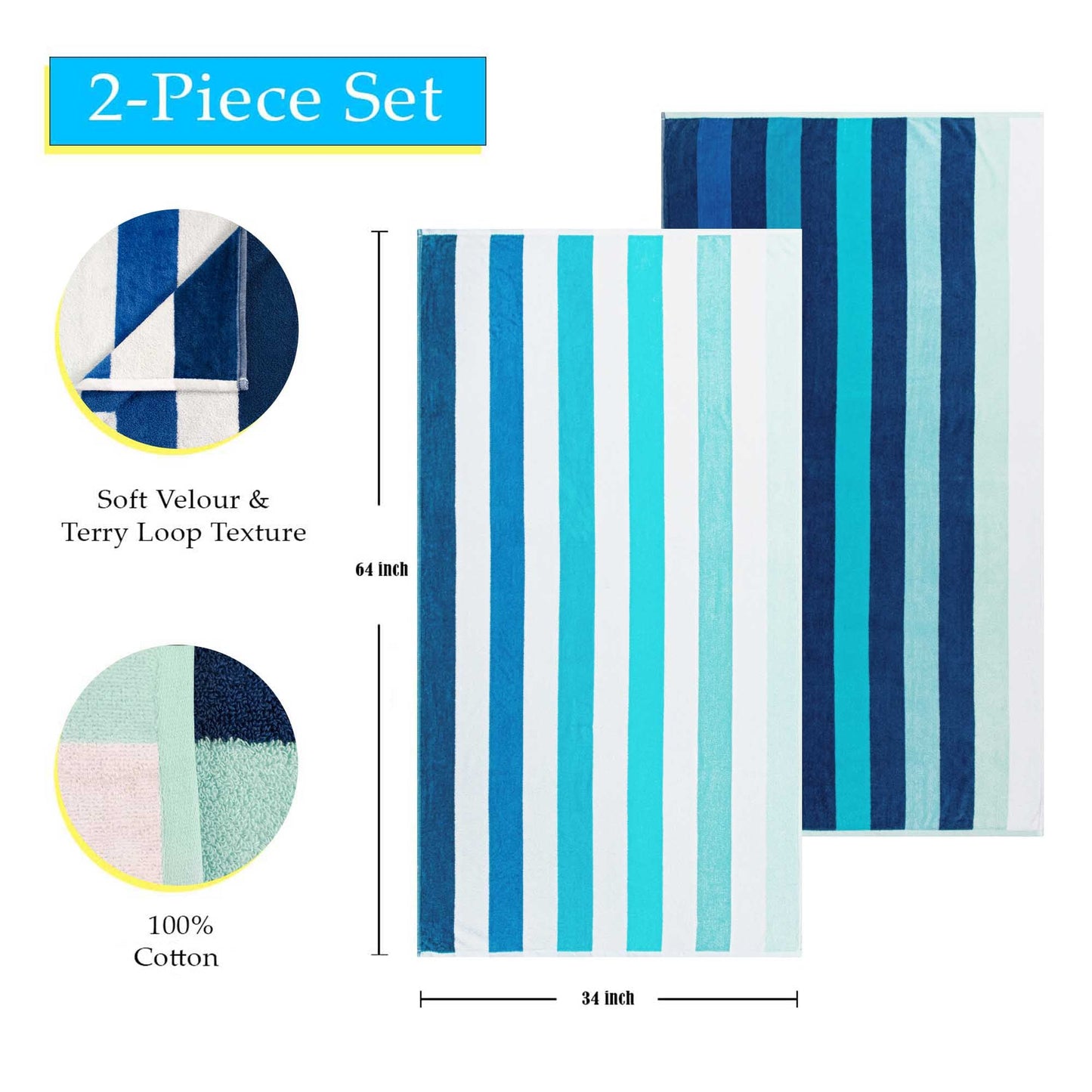 Superior Coastal Blues Cotton Oversized Beach Towel Set - Blue