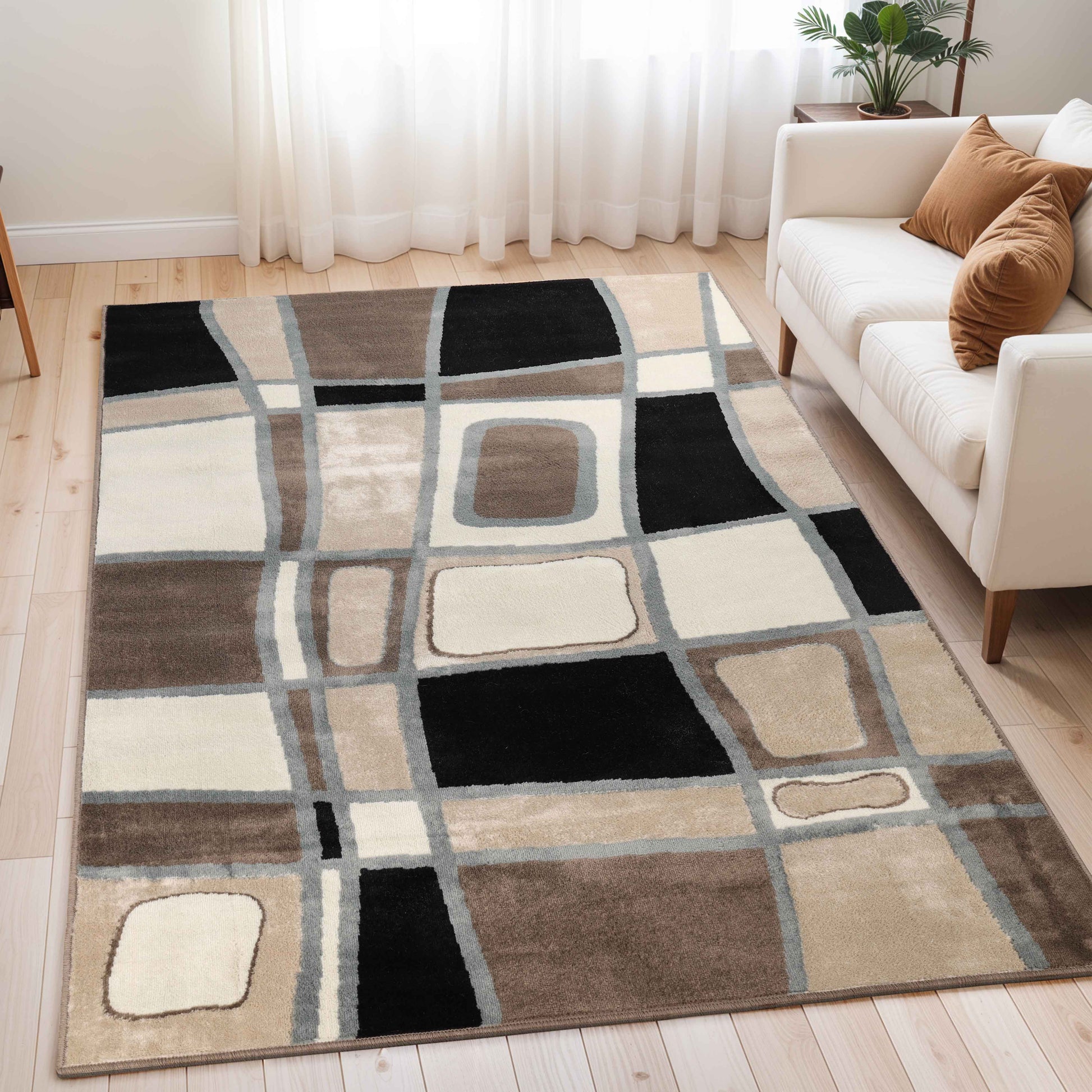 Abstract Cobblestone Modern Geometric Area Rug or Runner Rug - Brown