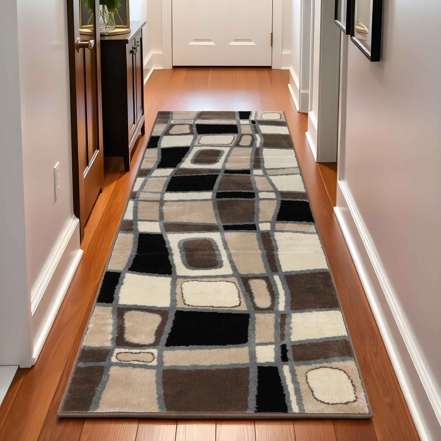 Abstract Cobblestone Modern Geometric Area Rug or Runner Rug - Brown