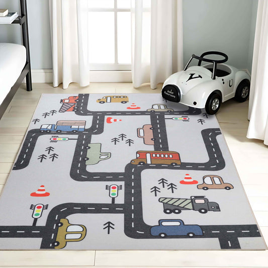 Construction Zone Non-Slip Kids Playroom  Washable Indoor Area Rug