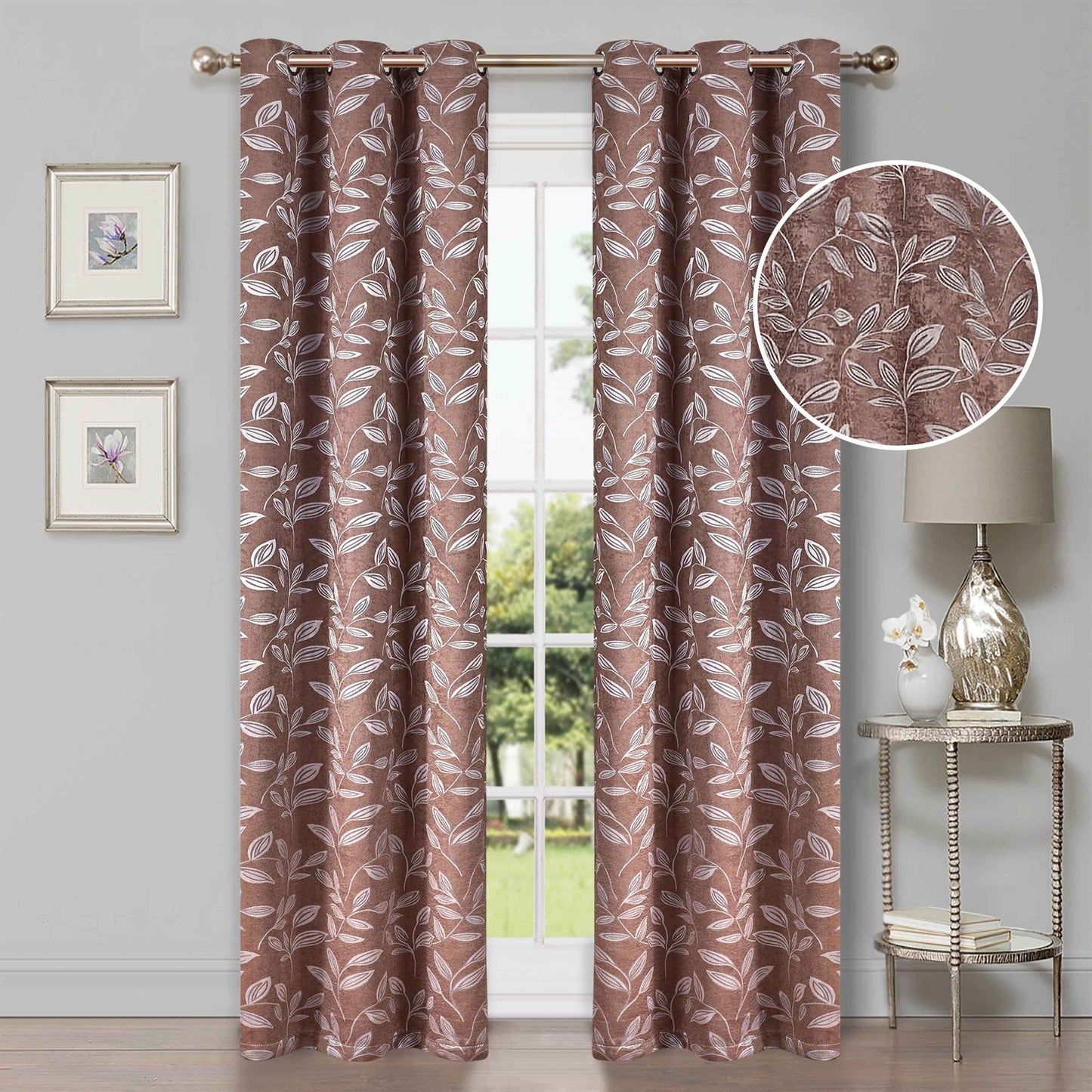 Leaves Machine Washable Room Darkening Blackout Curtains, Set of 2 - Copper