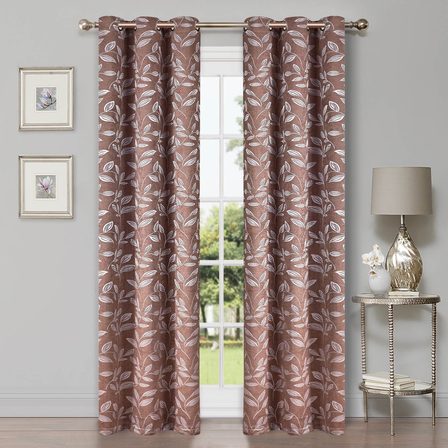 Leaves Machine Washable Room Darkening Blackout Curtains, Set of 2 - Copper