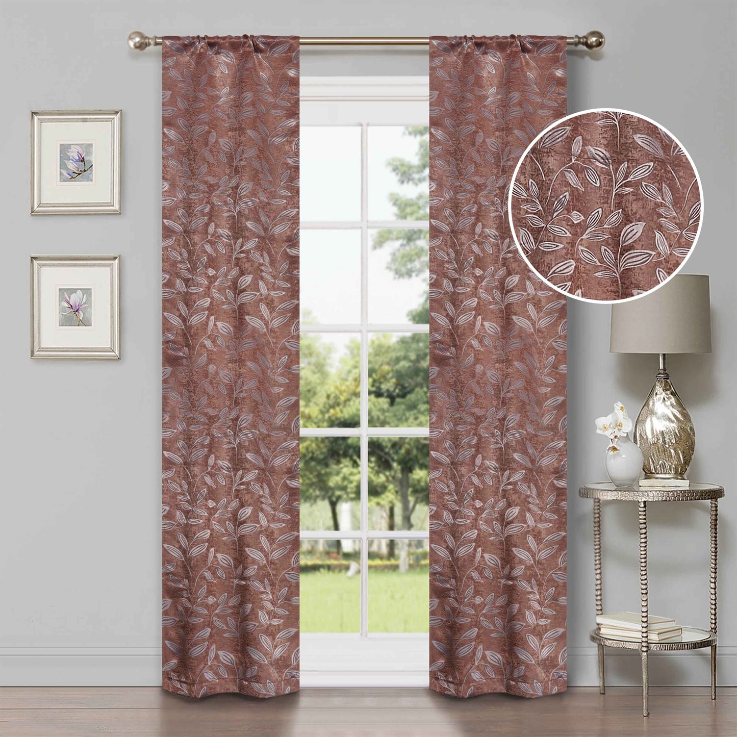 Leaves Machine Washable Room Darkening Blackout Curtains, Set of 2 - Copper