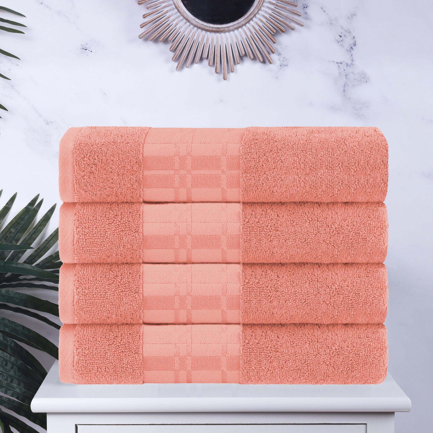 Larissa Cotton Geometric Border Bath Towel Set of 4 - Coral