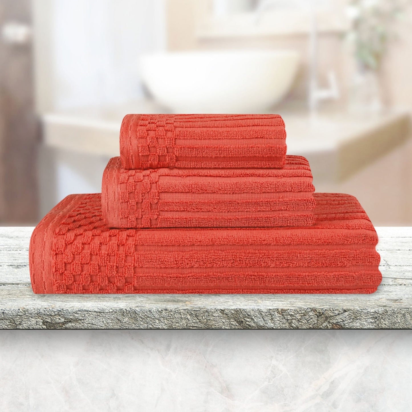 Soho Ribbed Cotton Absorbent 3 Piece Assorted Towel Set - Coral