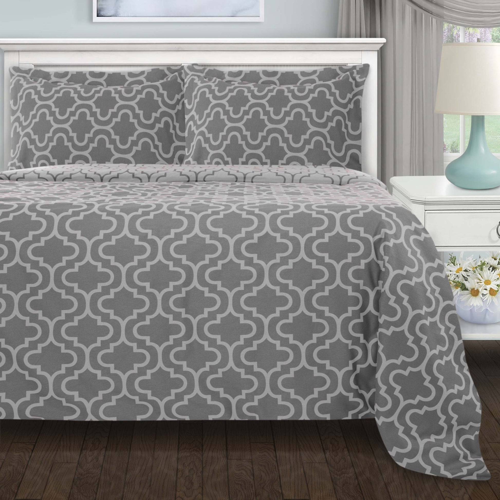 Cotton Flannel Solid Trellis Duvet Cover Set with Button Closure - Grey