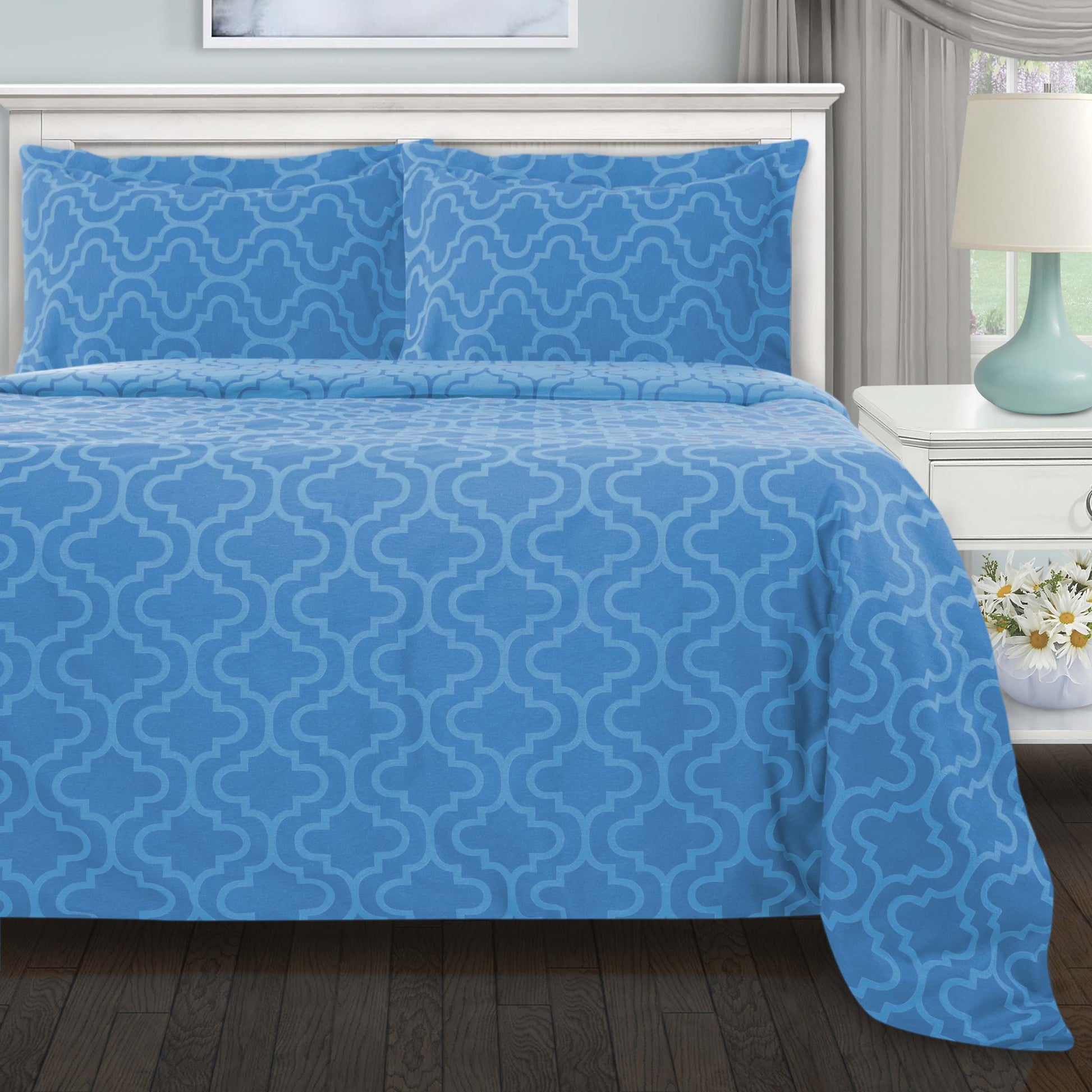 Cotton Flannel Solid Trellis Duvet Cover Set with Button Closure - Light Blue