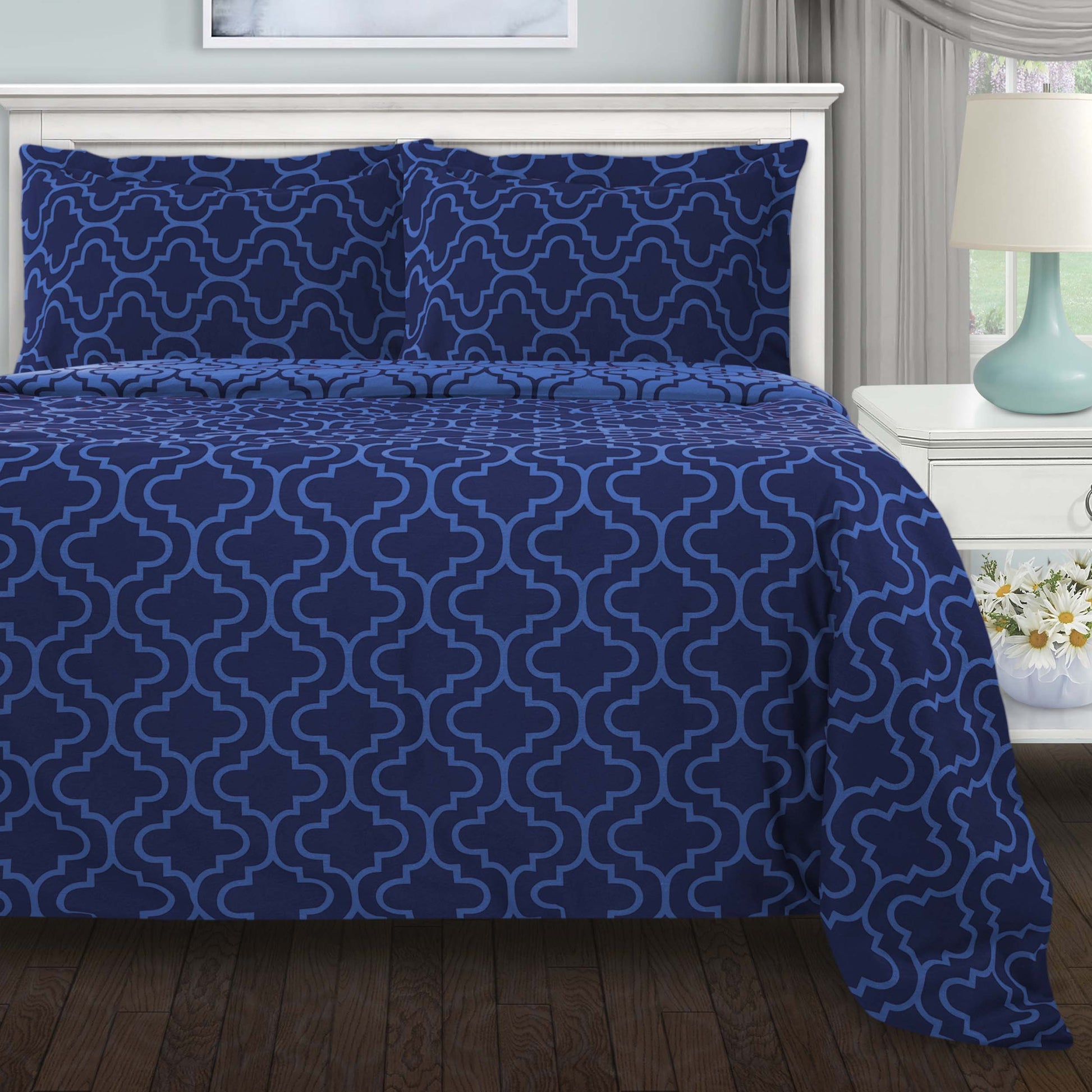Cotton Flannel Solid Trellis Duvet Cover Set with Button Closure - Navy Blue