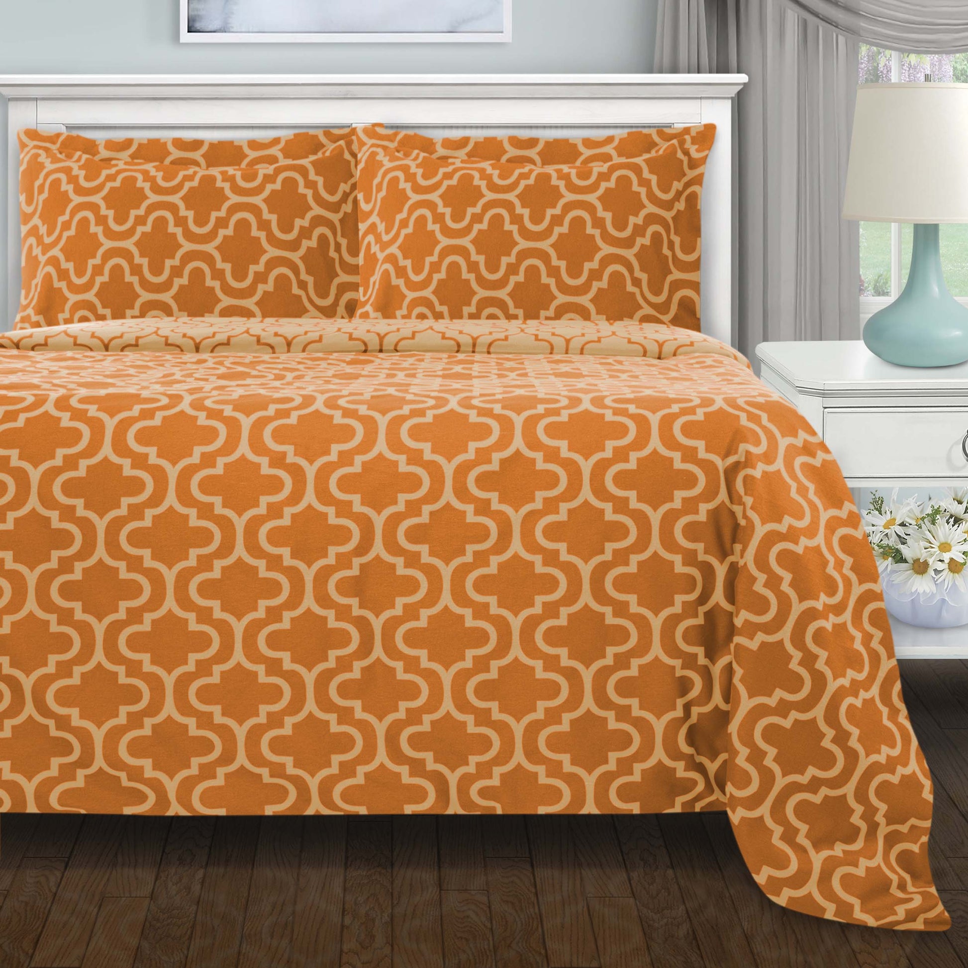 Cotton Flannel Solid Trellis Duvet Cover Set with Button Closure - Pumpkin