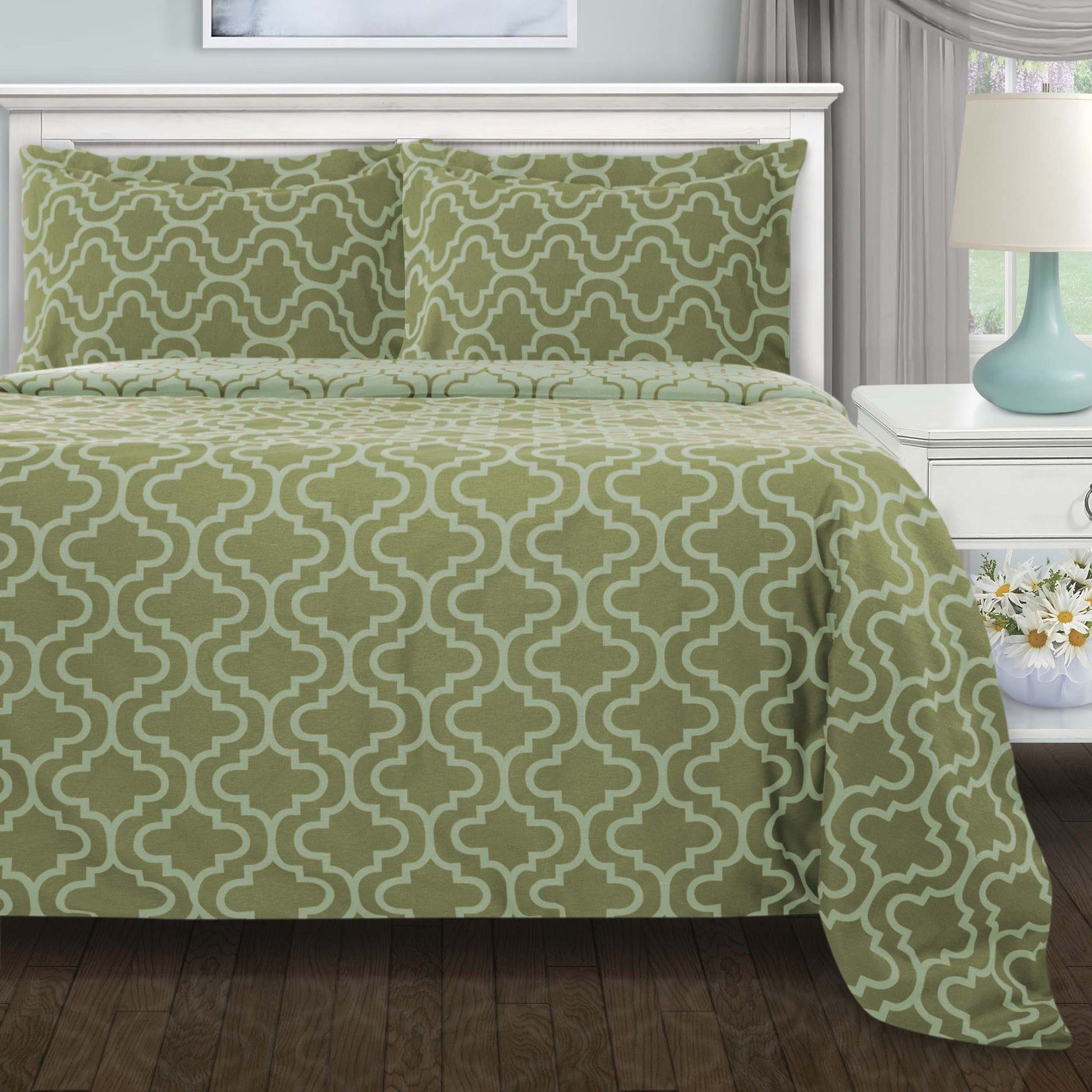 Cotton Flannel Solid Trellis Duvet Cover Set with Button Closure - Sage