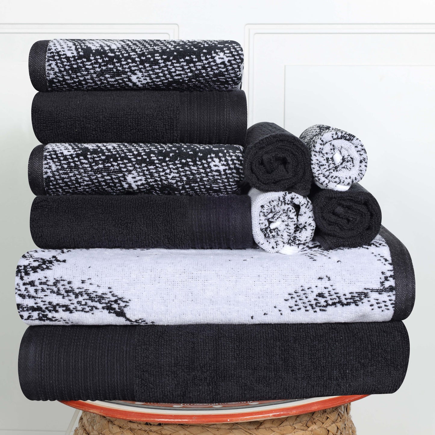 Cotton Marble and Solid Quick Dry 10 Piece Assorted Bathroom Towel Set - Black