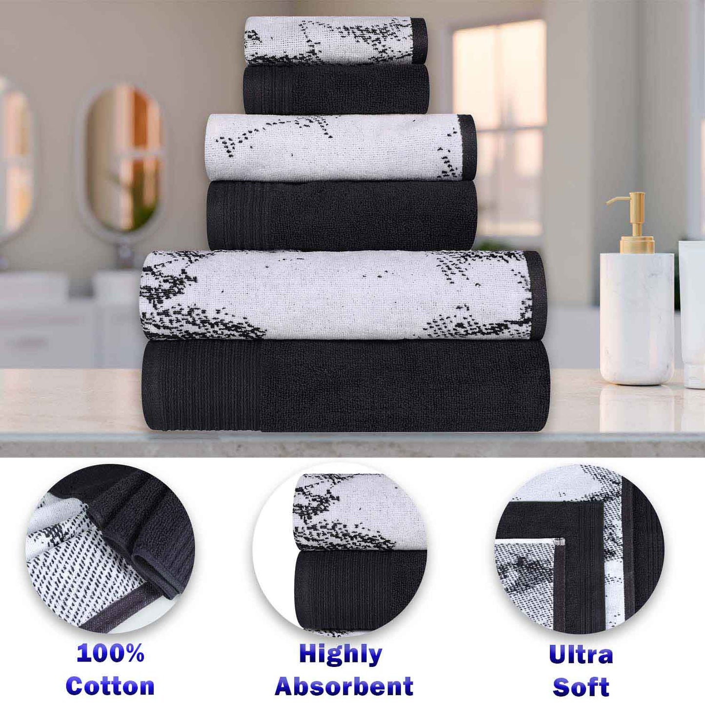 Cotton Marble and Solid Quick Dry 10 Piece Assorted Bathroom Towel Set - Black