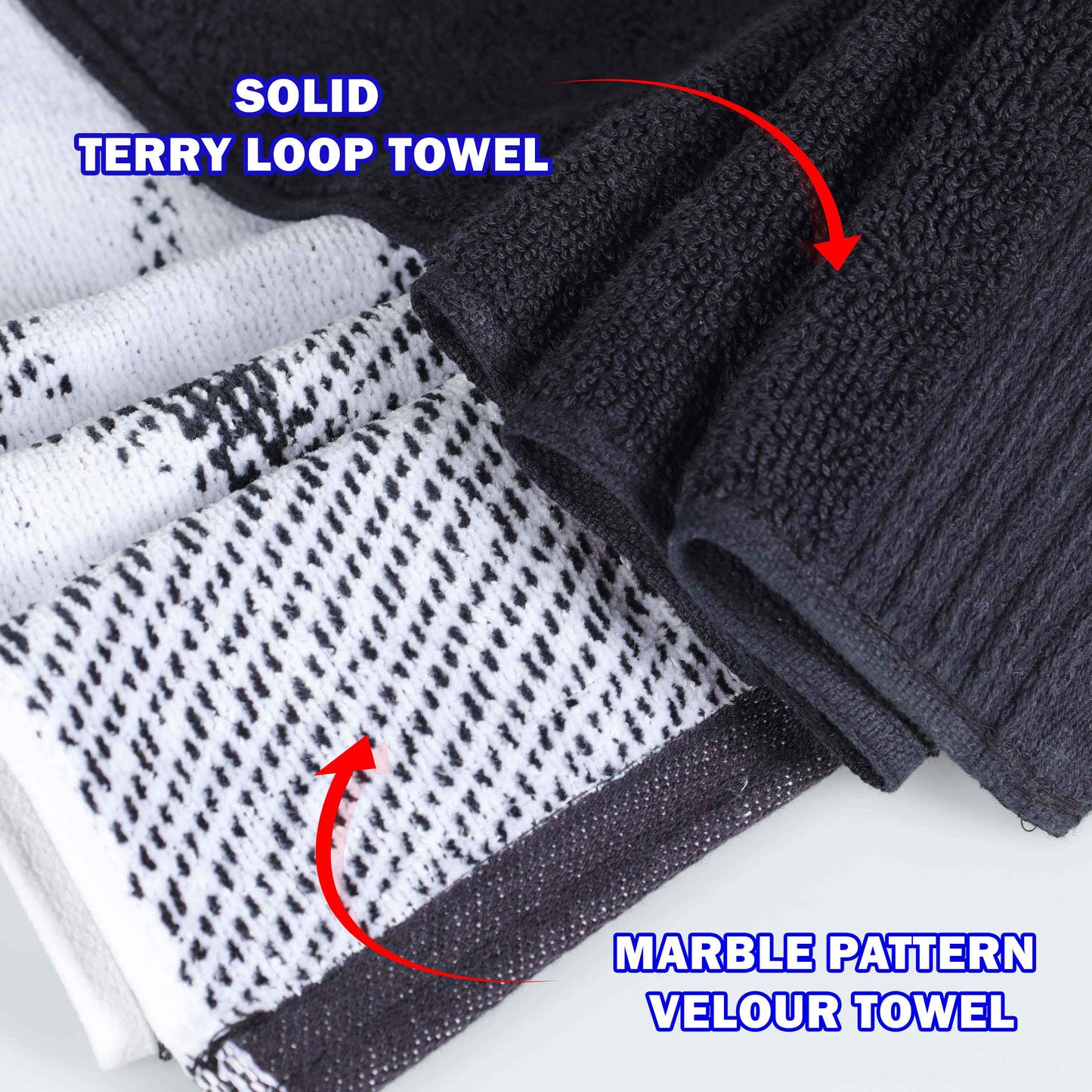 Cotton Marble and Solid Quick Dry 10 Piece Assorted Bathroom Towel Set - Black