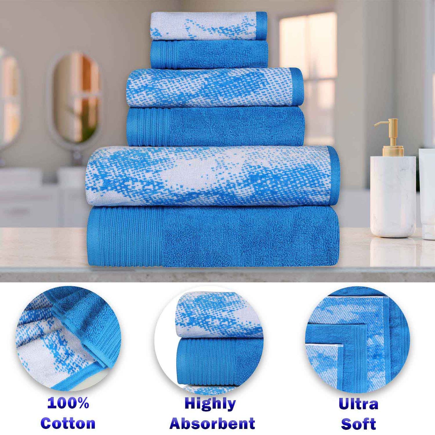 Cotton Marble and Solid Quick Dry 10 Piece Assorted Bathroom Towel Set - Blue