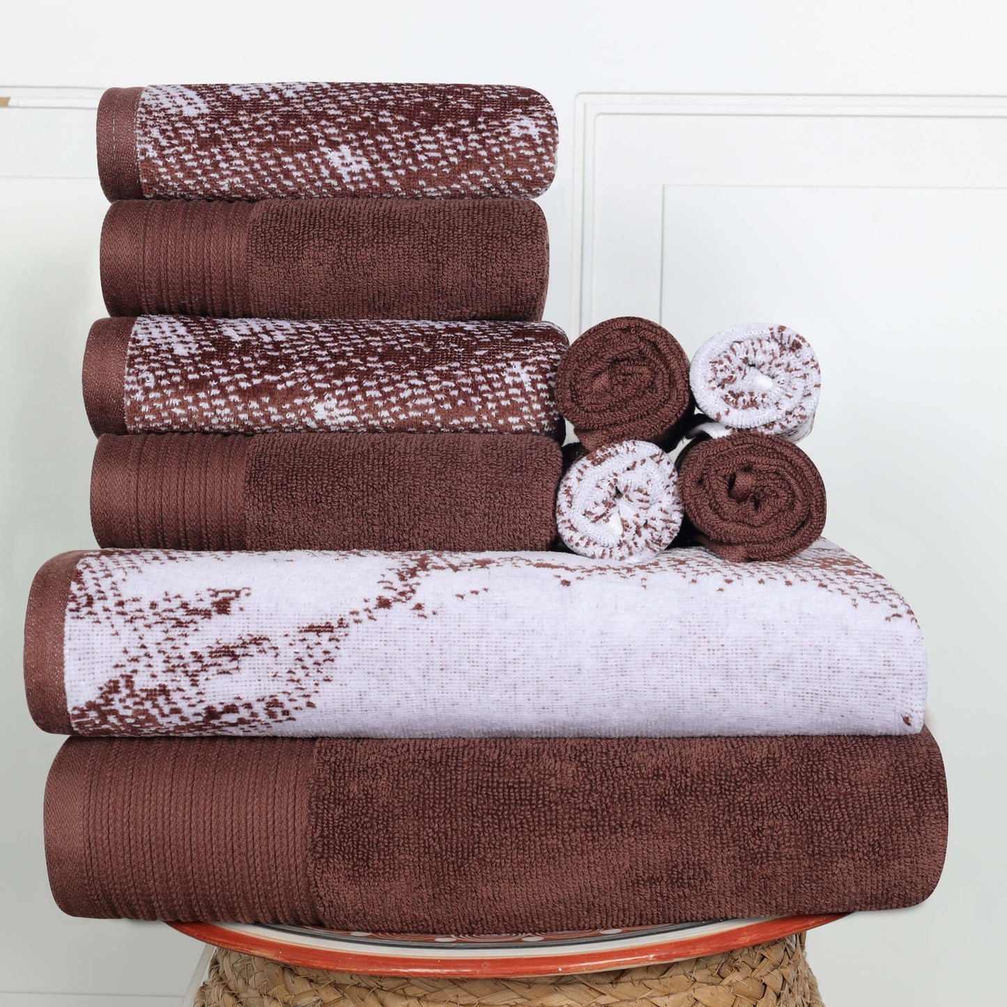 Cotton Marble and Solid Quick Dry 10 Piece Assorted Bathroom Towel Set - Brown