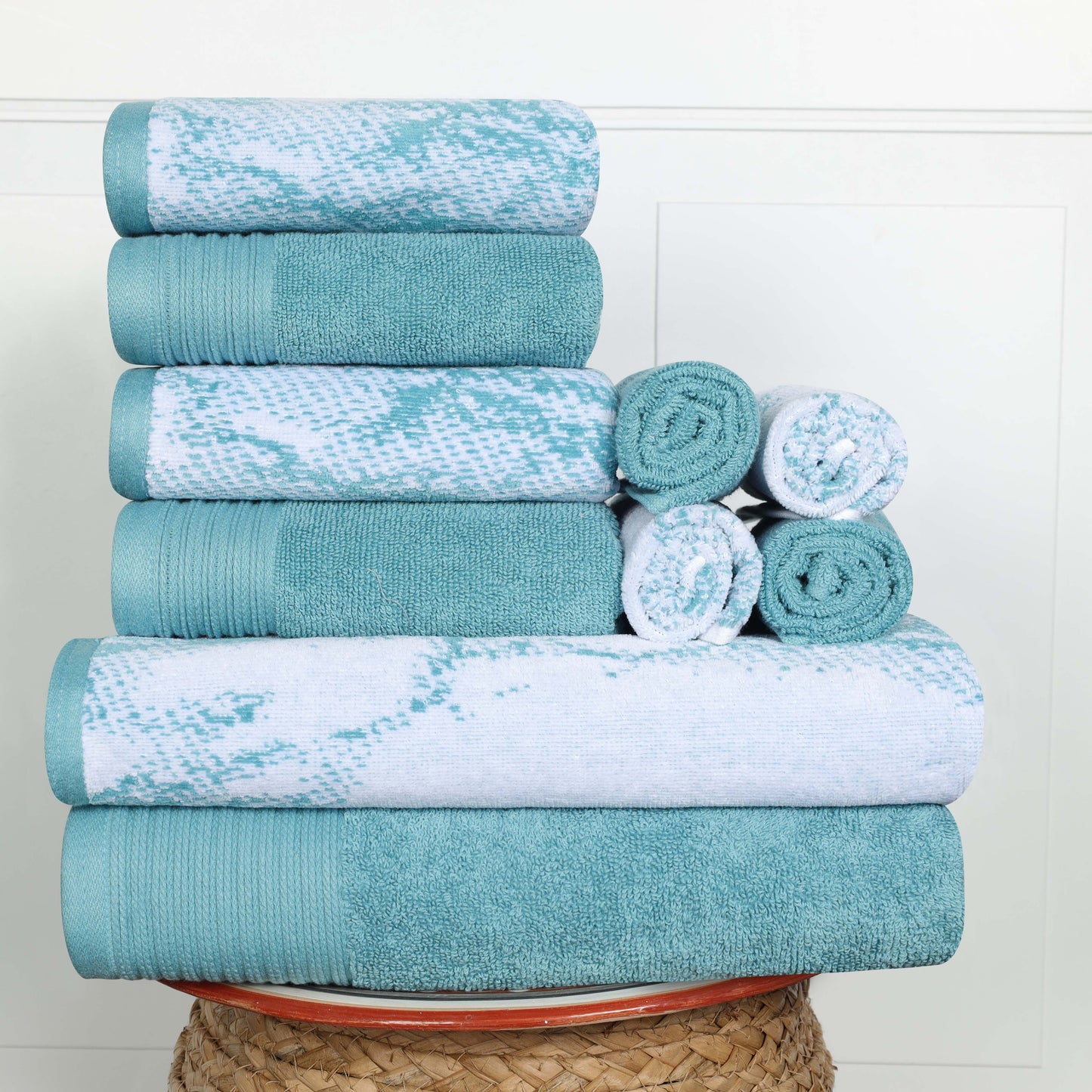 Cotton Marble and Solid Quick Dry 10 Piece Assorted Bathroom Towel Set - Cyan