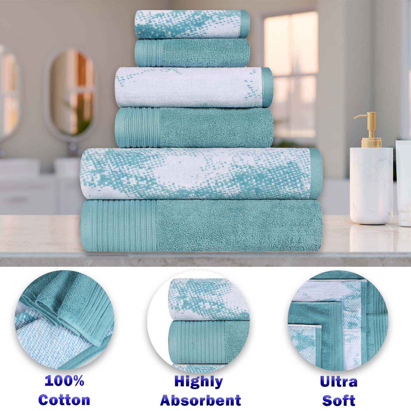 Cotton Marble and Solid Quick Dry 10 Piece Assorted Bathroom Towel Set - Cyan