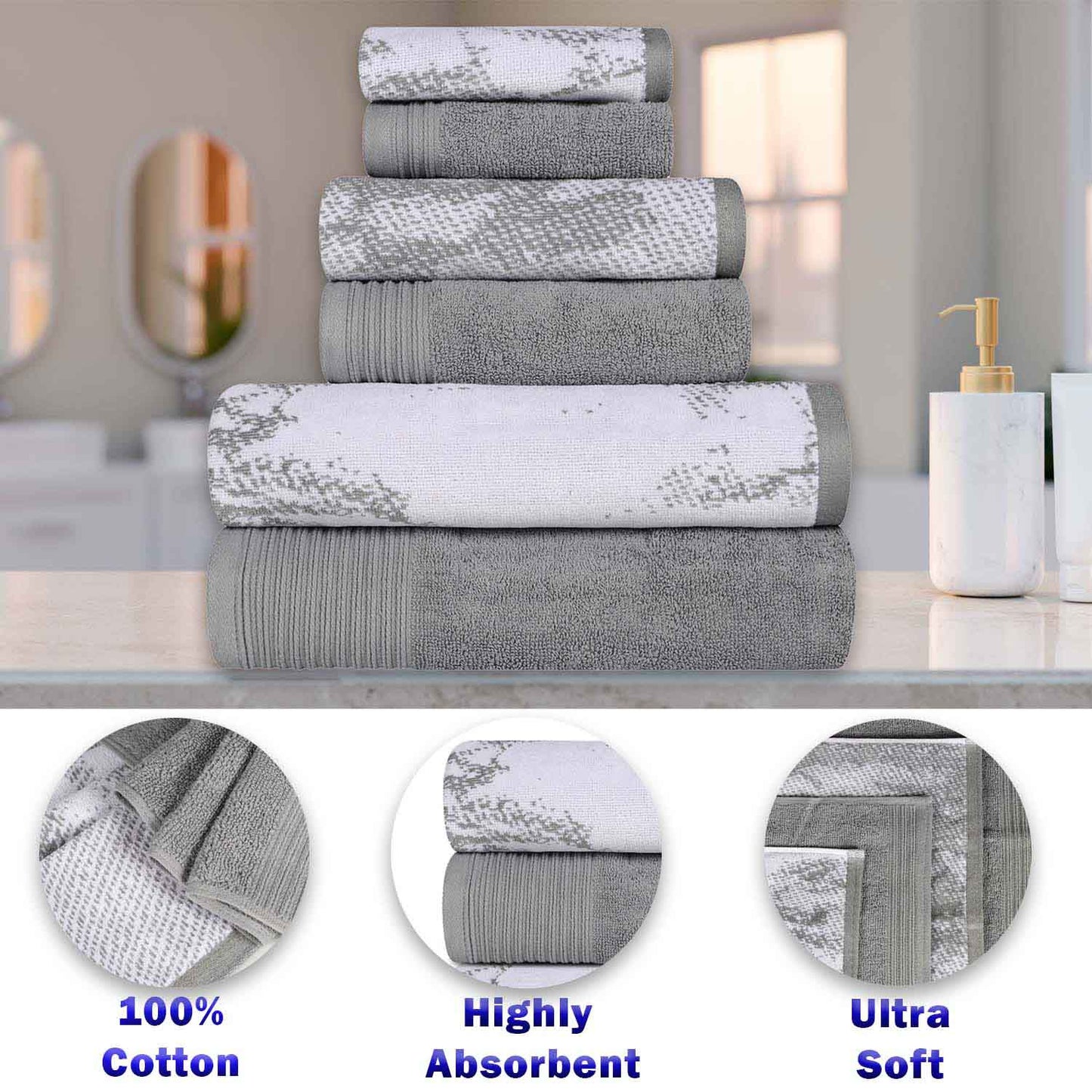 Cotton Marble and Solid Quick Dry 10 Piece Assorted Bathroom Towel Set - Gray