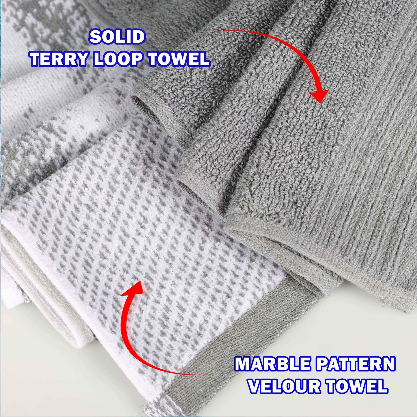Cotton Marble and Solid Quick Dry 10 Piece Assorted Bathroom Towel Set - Gray