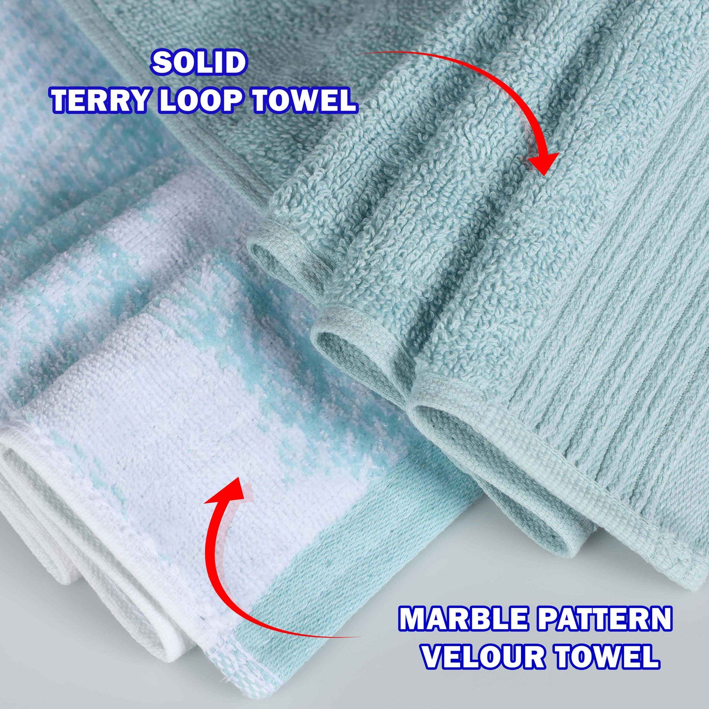 Cotton Marble and Solid Quick Dry 10 Piece Assorted Bathroom Towel Set - Teal