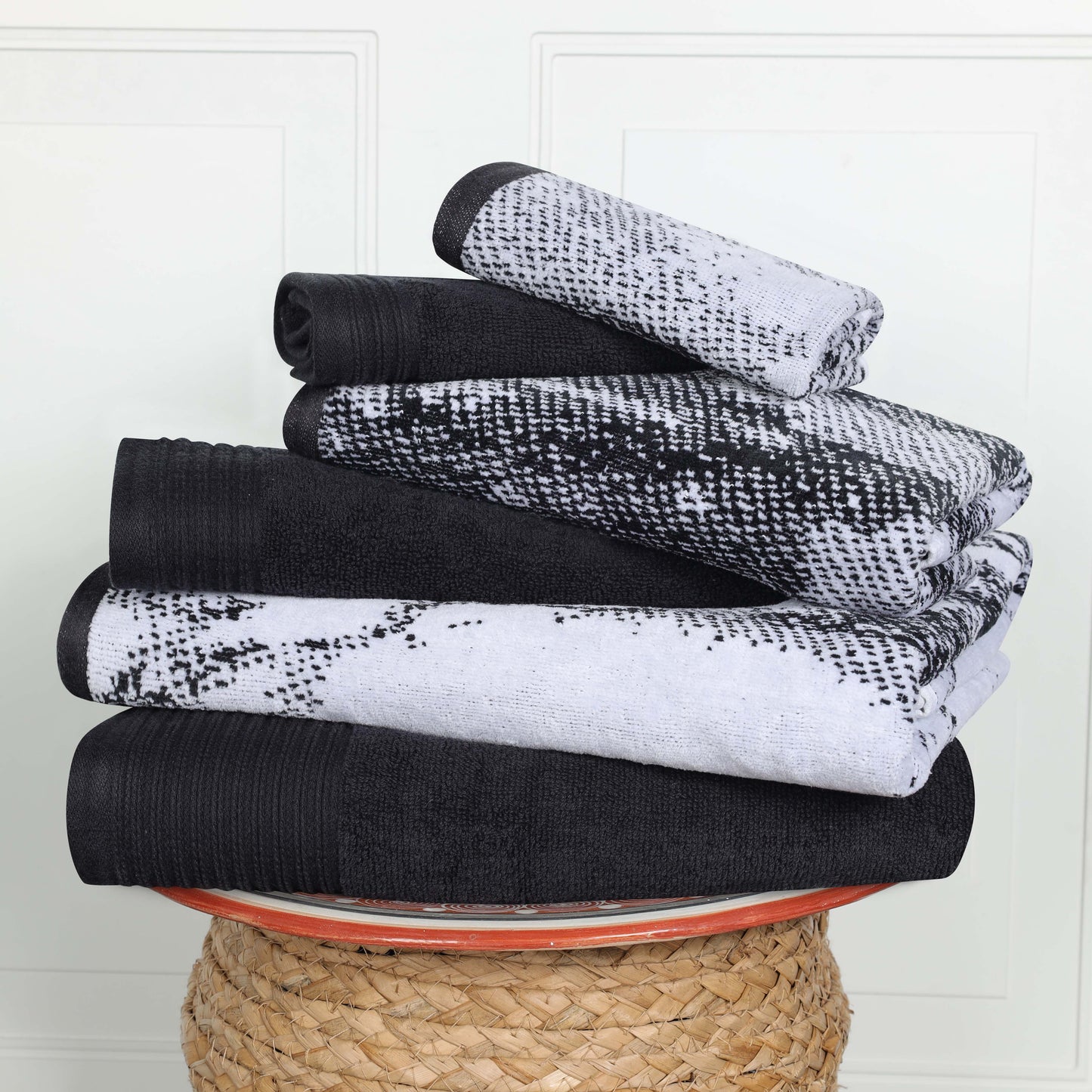 Cotton Marble and Solid Quick Dry 6 Piece Assorted Bathroom Towel Set - Black