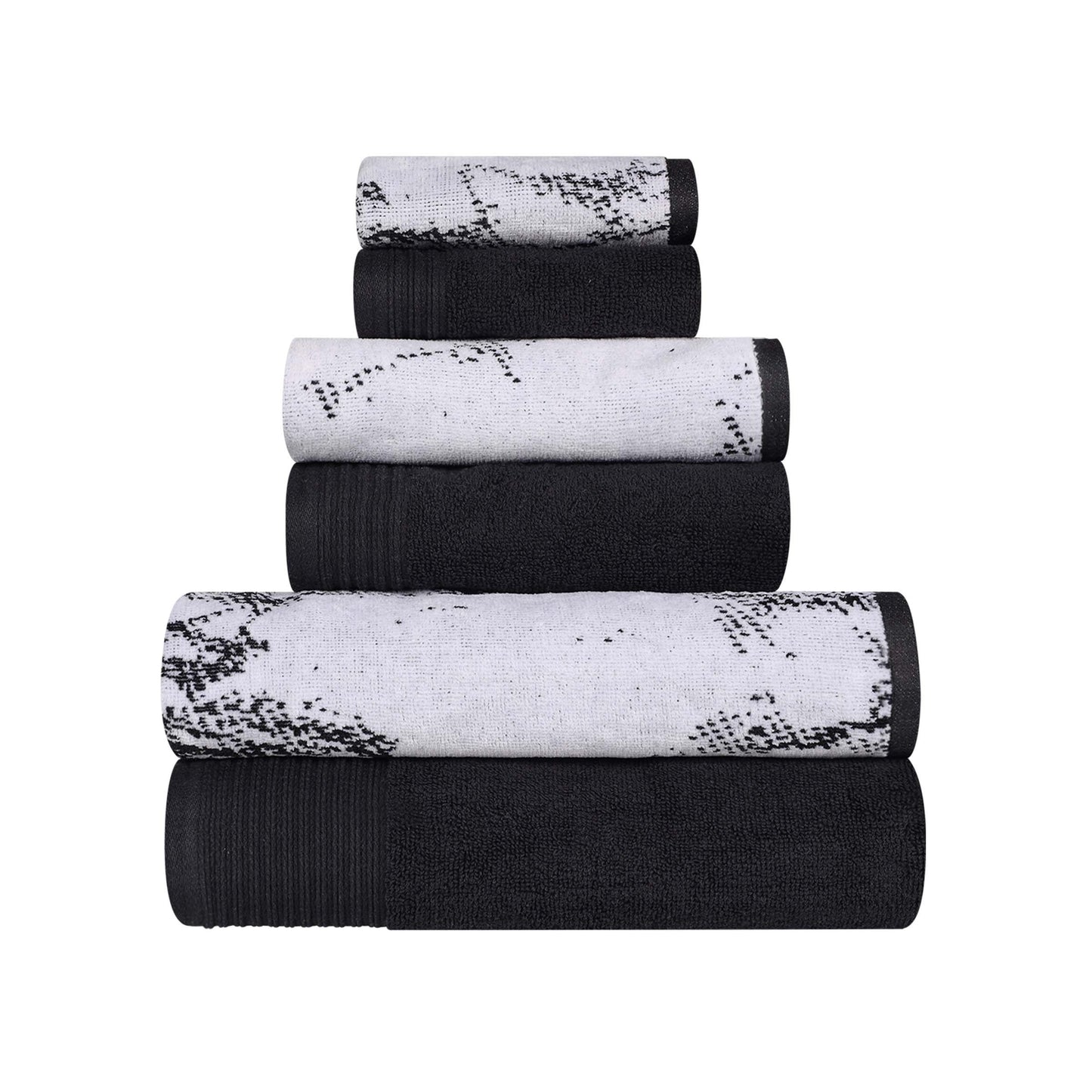 Cotton Marble and Solid Quick Dry 6 Piece Assorted Bathroom Towel Set - Black
