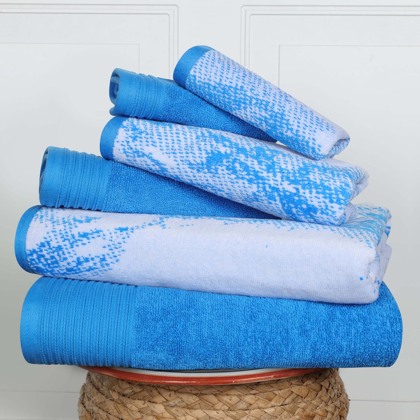 Cotton Marble and Solid Quick Dry 6 Piece Assorted Bathroom Towel Set - Blue