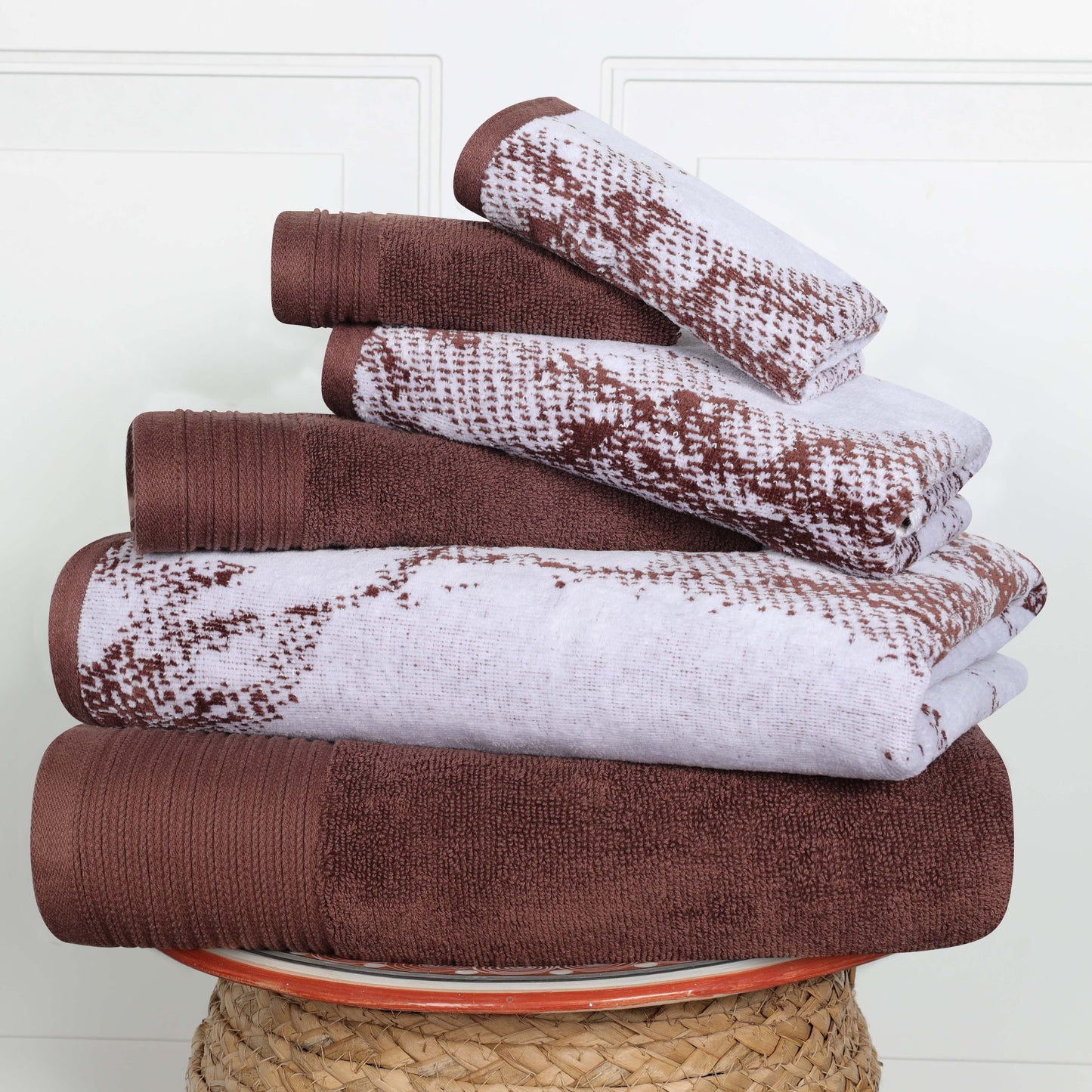Cotton Marble and Solid Quick Dry 6 Piece Assorted Bathroom Towel Set - Brown
