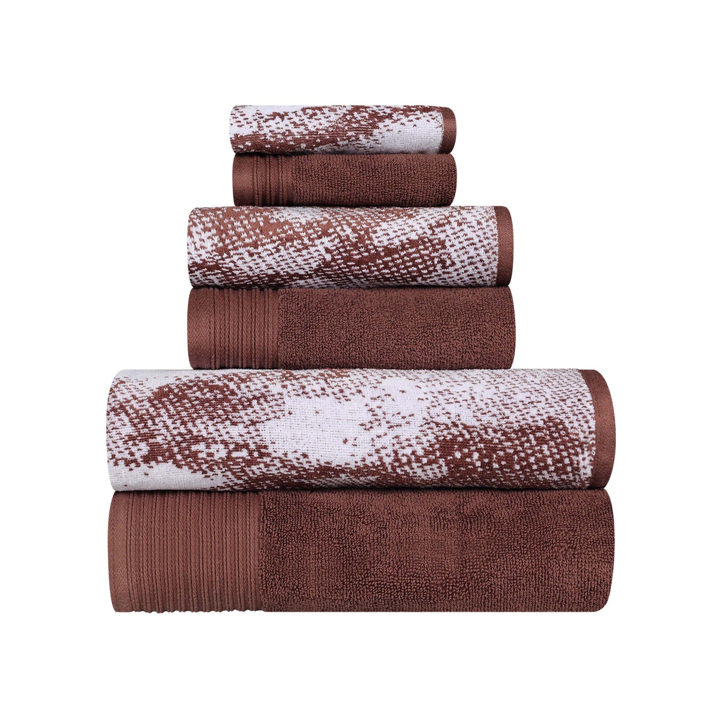 Cotton Marble and Solid Quick Dry 6 Piece Assorted Bathroom Towel Set - Brown