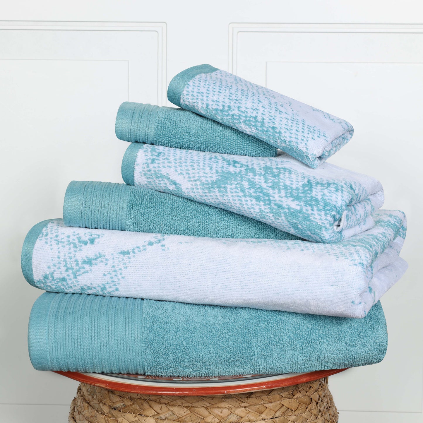 Cotton Marble and Solid Quick Dry 6 Piece Assorted Bathroom Towel Set - Cyan