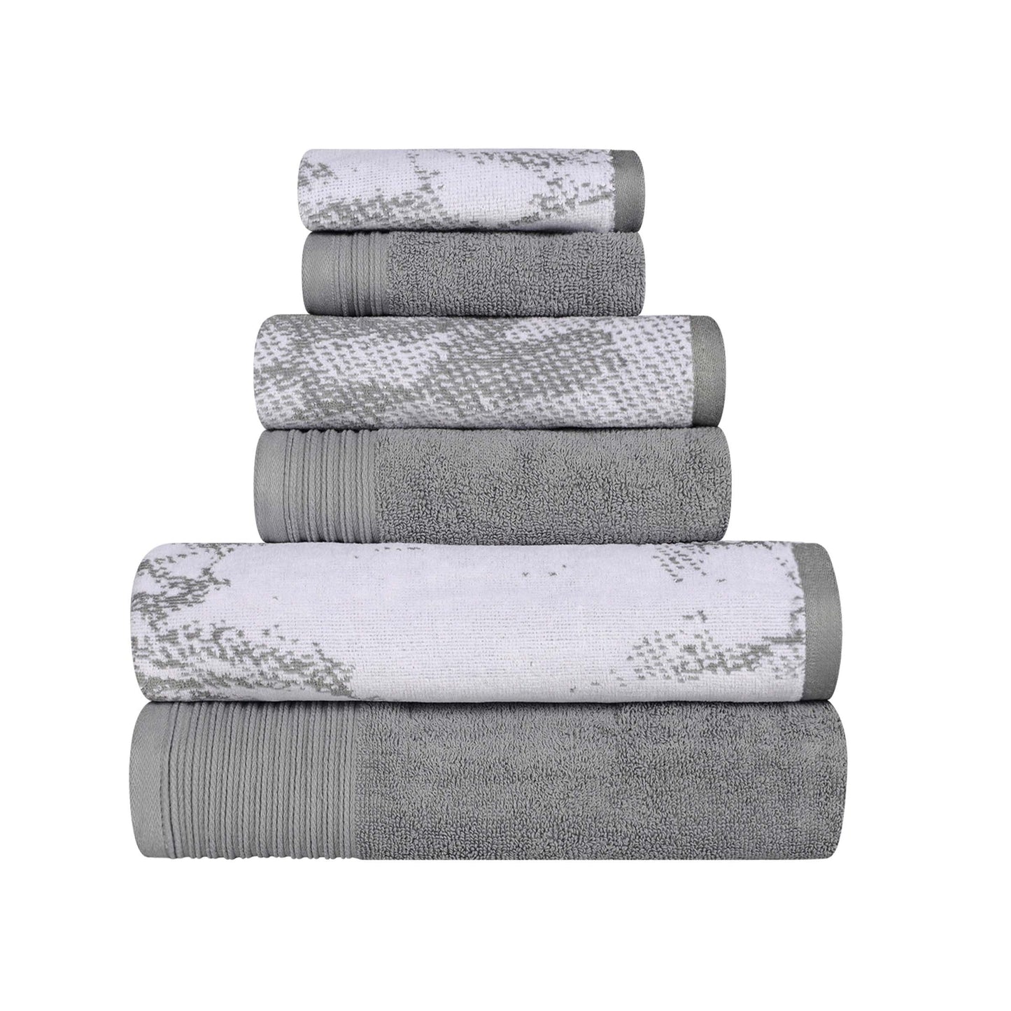 Cotton Marble and Solid Quick Dry 6 Piece Assorted Bathroom Towel Set - Gray