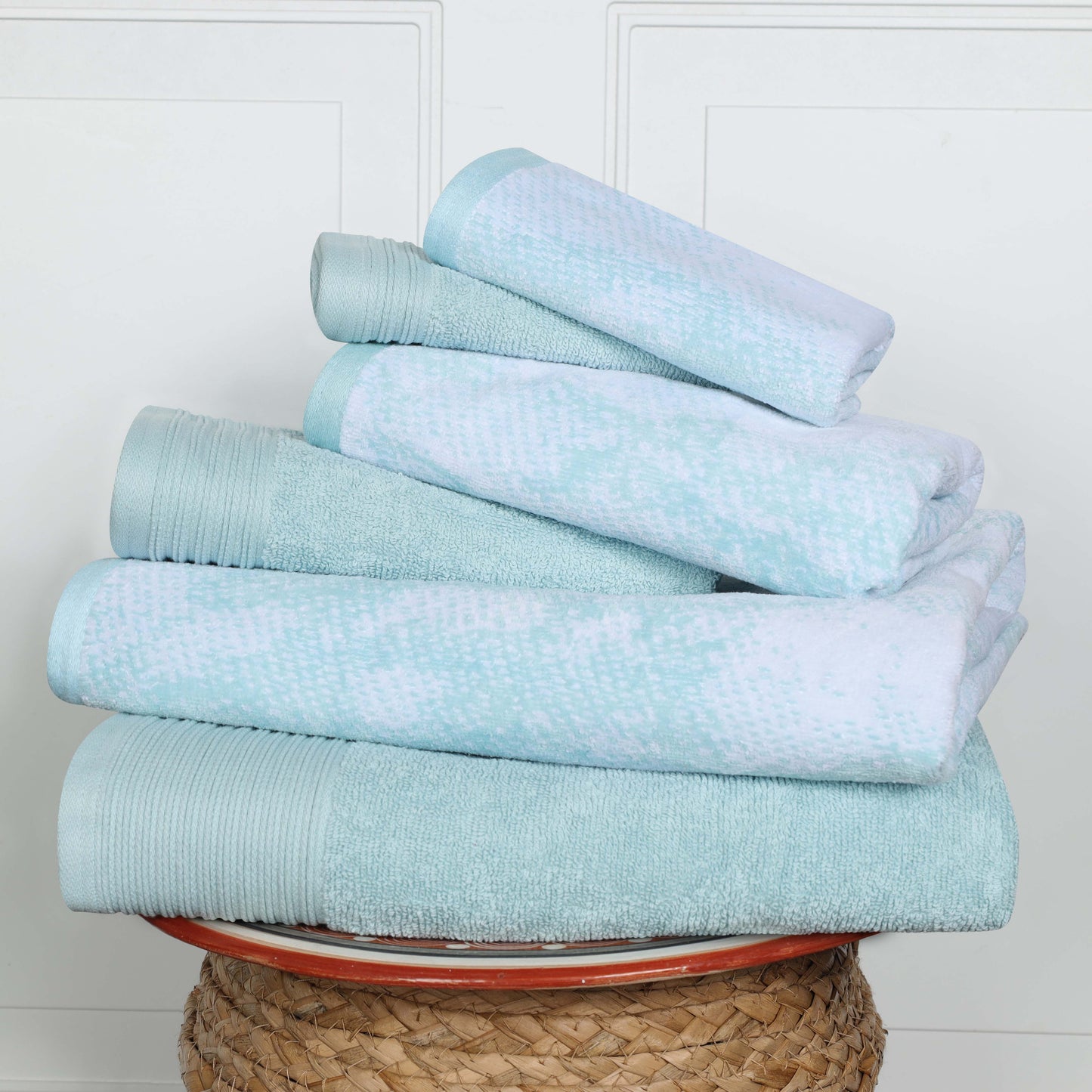 Cotton Marble and Solid Quick Dry 6 Piece Assorted Bathroom Towel Set - Teal