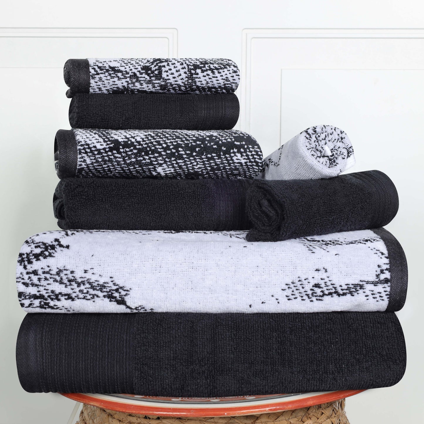 Cotton Marble and Solid Quick Dry 8 Piece Assorted Bathroom Towel Set - Black
