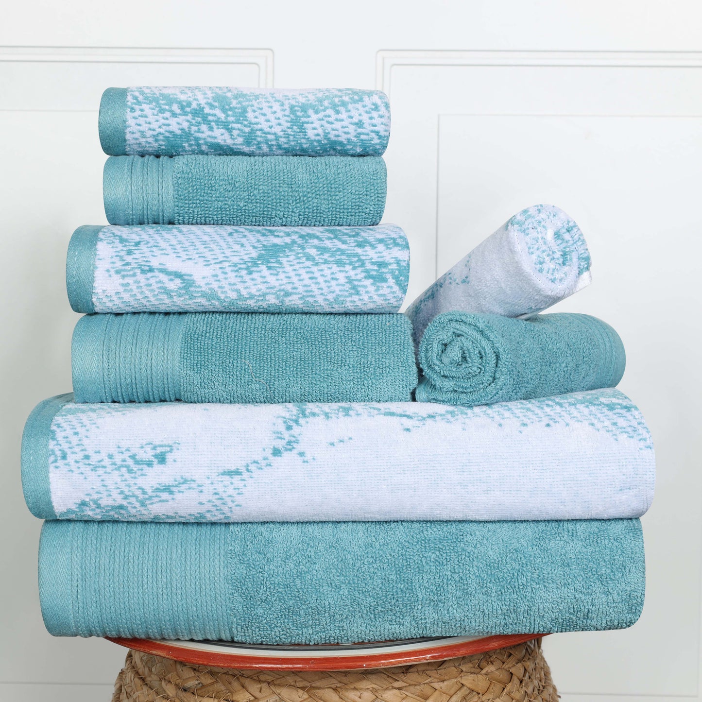 Cotton Marble and Solid Quick Dry 8 Piece Assorted Bathroom Towel Set - Cyan