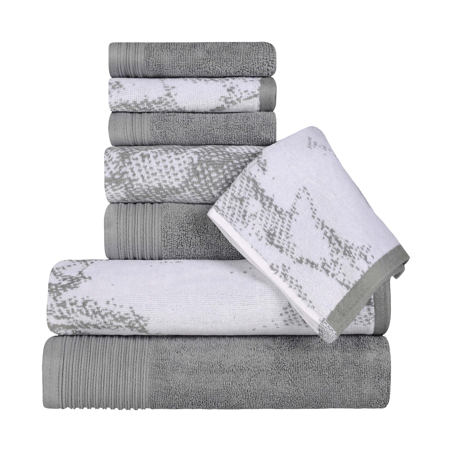 Cotton Marble and Solid Quick Dry 8 Piece Assorted Bathroom Towel Set - Gray