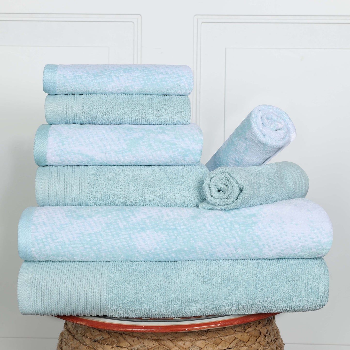 Cotton Marble and Solid Quick Dry 8 Piece Assorted Bathroom Towel Set - Teal
