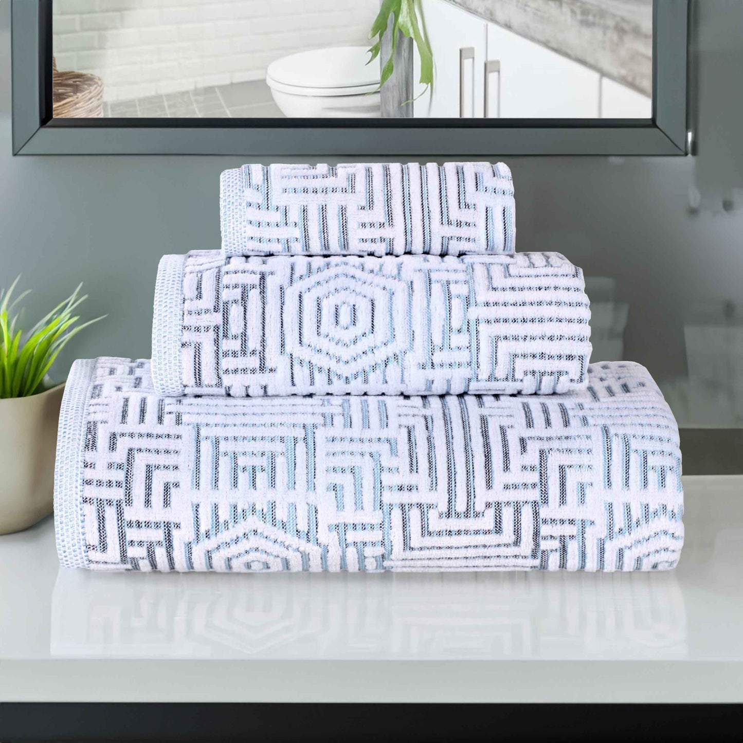 Cotton Modern Geometric Jacquard Plush Absorbent 3-Piece Towel Set - Blue