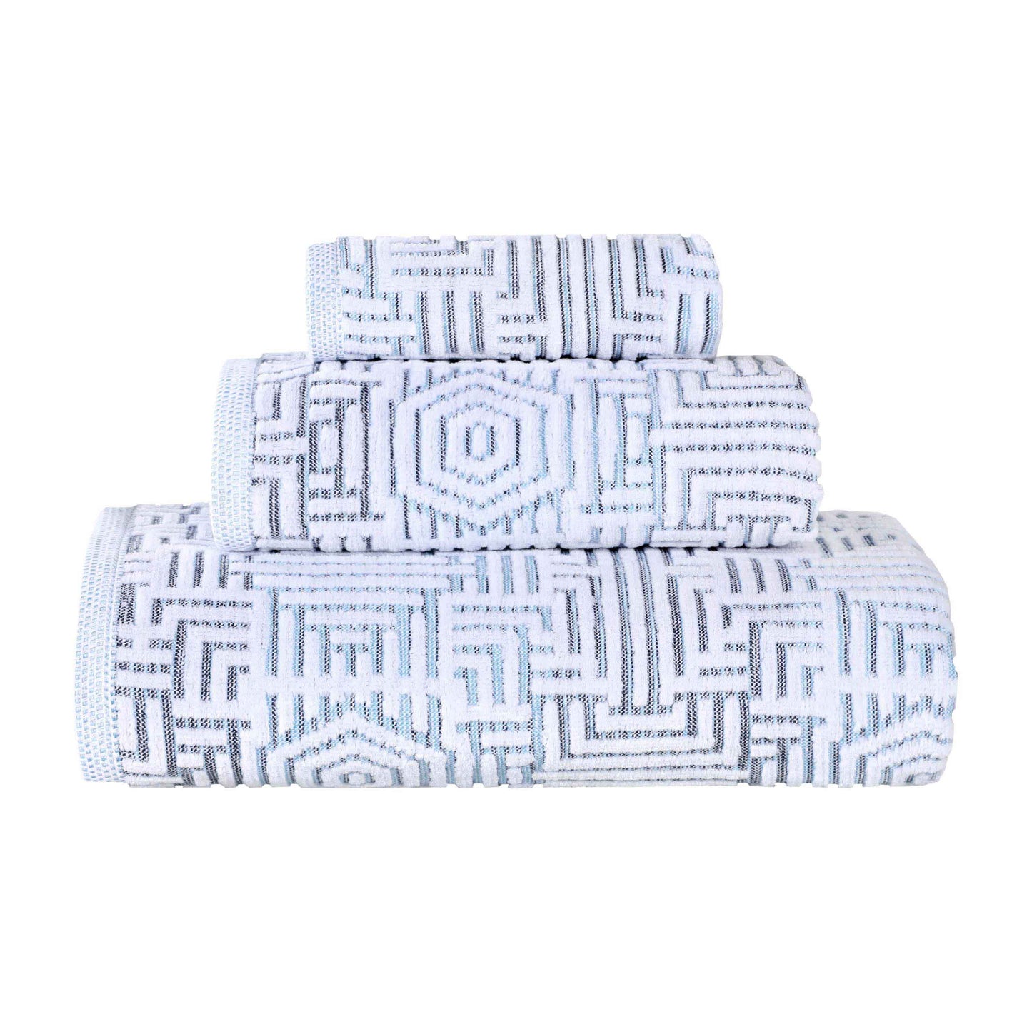 Cotton Modern Geometric Jacquard Plush Absorbent 3-Piece Towel Set - Blue