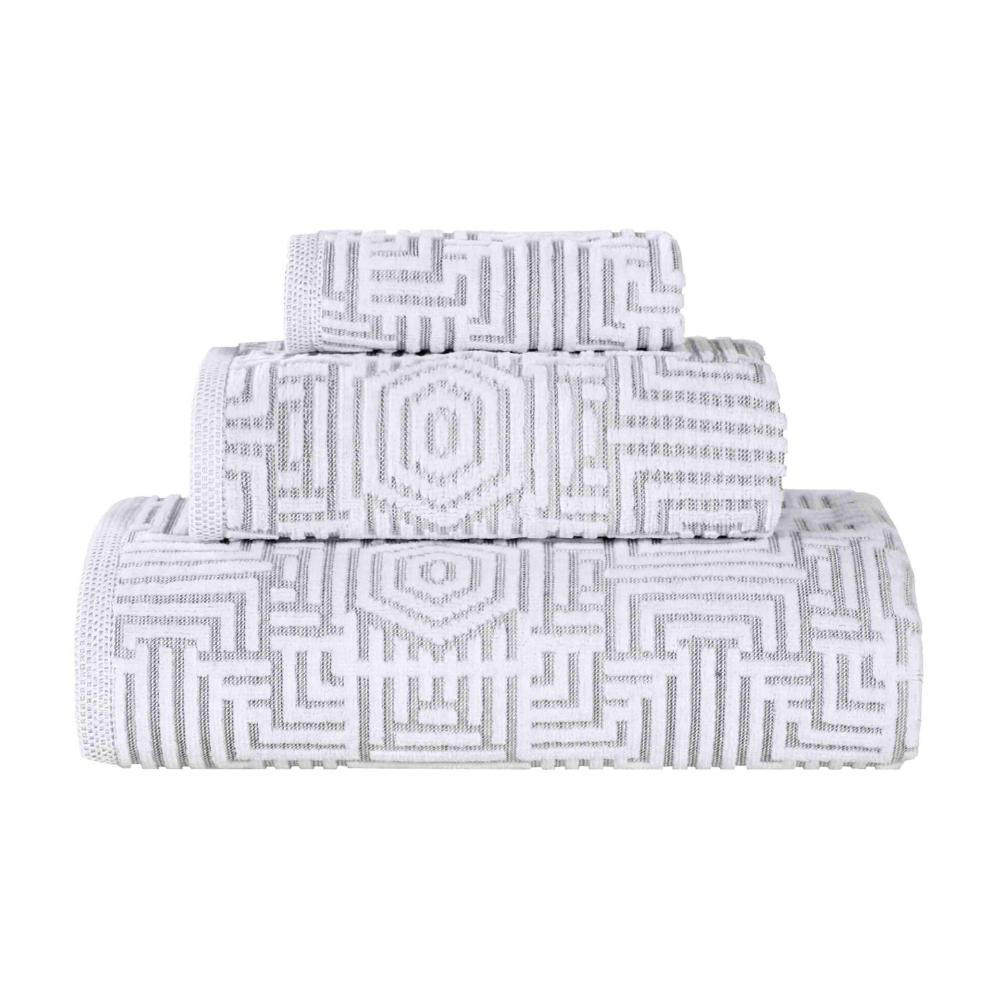 Cotton Modern Geometric Jacquard Plush Absorbent 3-Piece Towel Set - Platinum