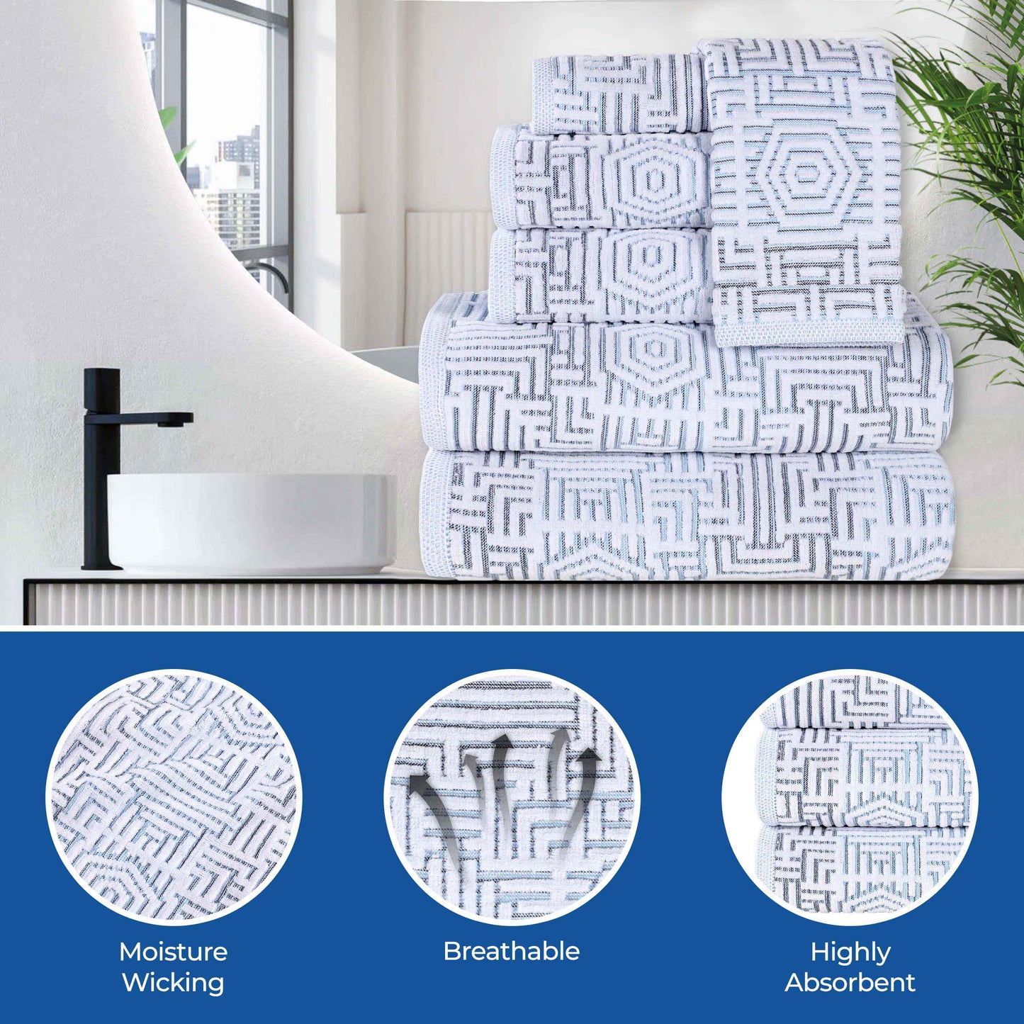 Cotton Modern Geometric Jacquard Plush Absorbent 6 Piece Towel Set - Blue