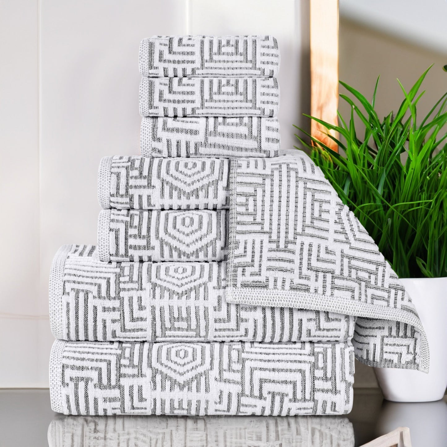 Cotton Modern Geometric Jacquard Plush Absorbent 8 Piece Towel Set - Charcoal